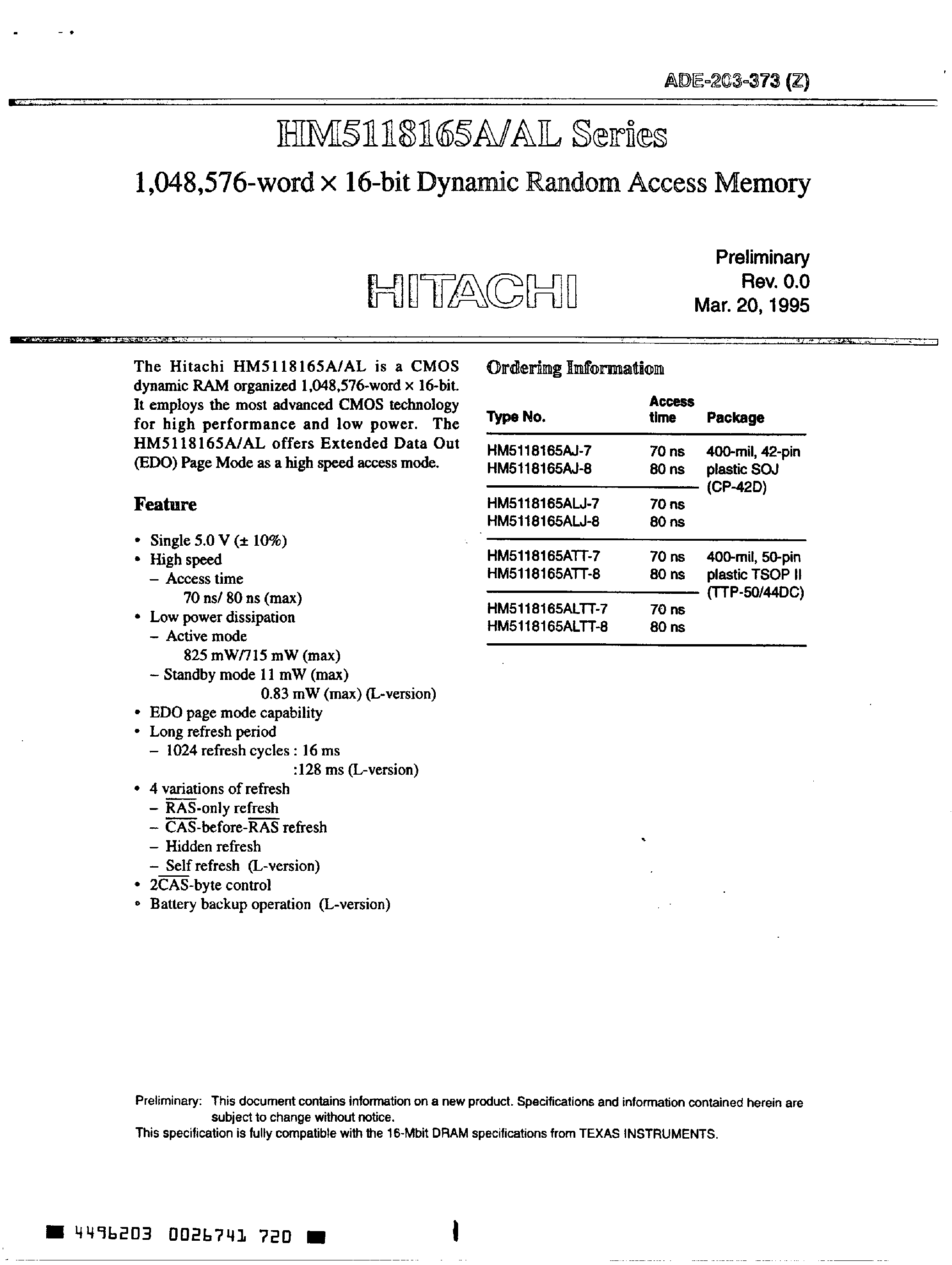 Даташит на микросхему HM5118165A страница 1 Даташит HM5118165A - 1M x 16-Bit DRAM страница 1