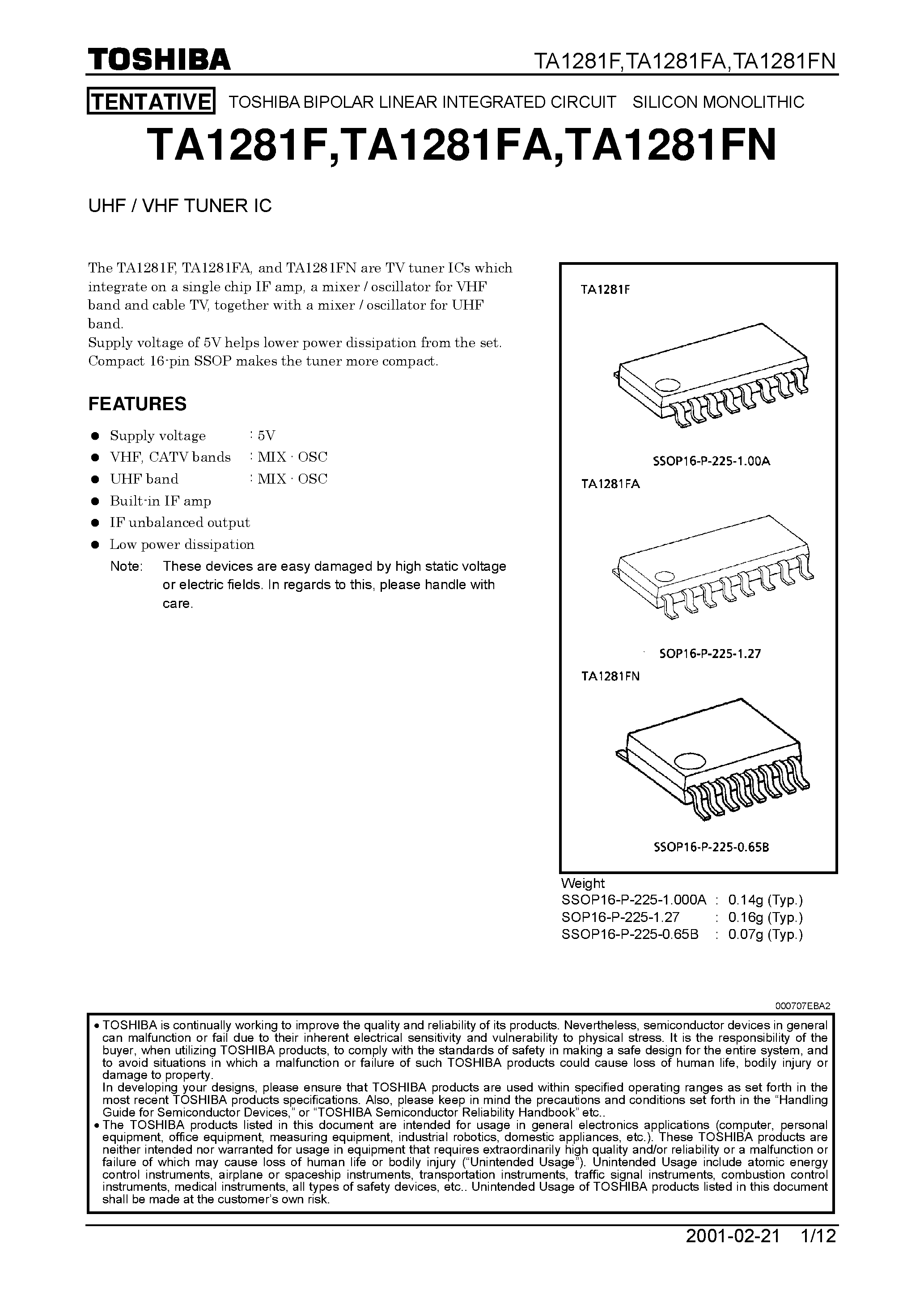 Datasheet TA1281 - UHF / VHF Tuner IC page 1