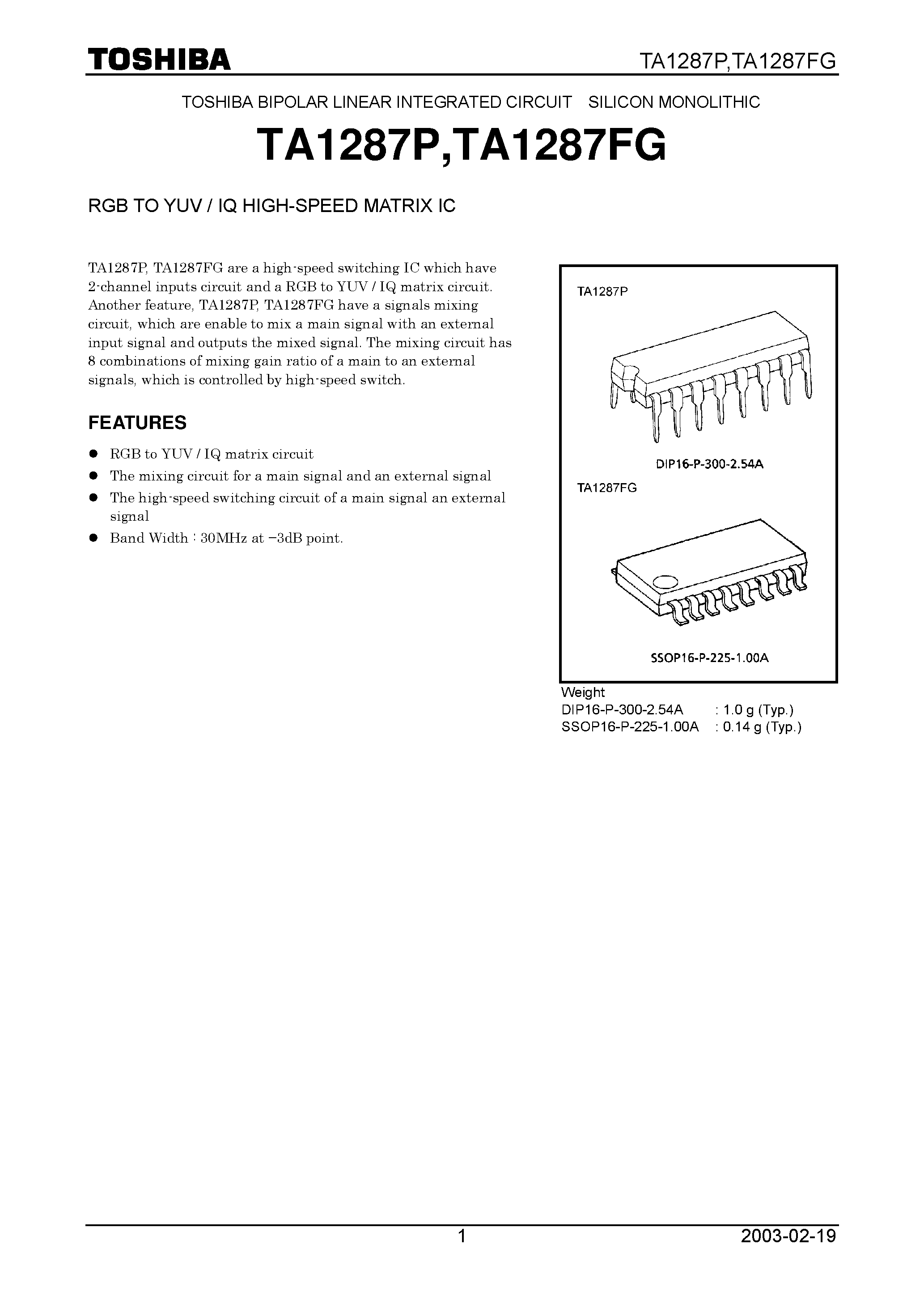 Даташит на микросхему TA1287P страница 1 Даташит TA1287P - RGB to YUV / IQ High Speed Matrix IC страница 1