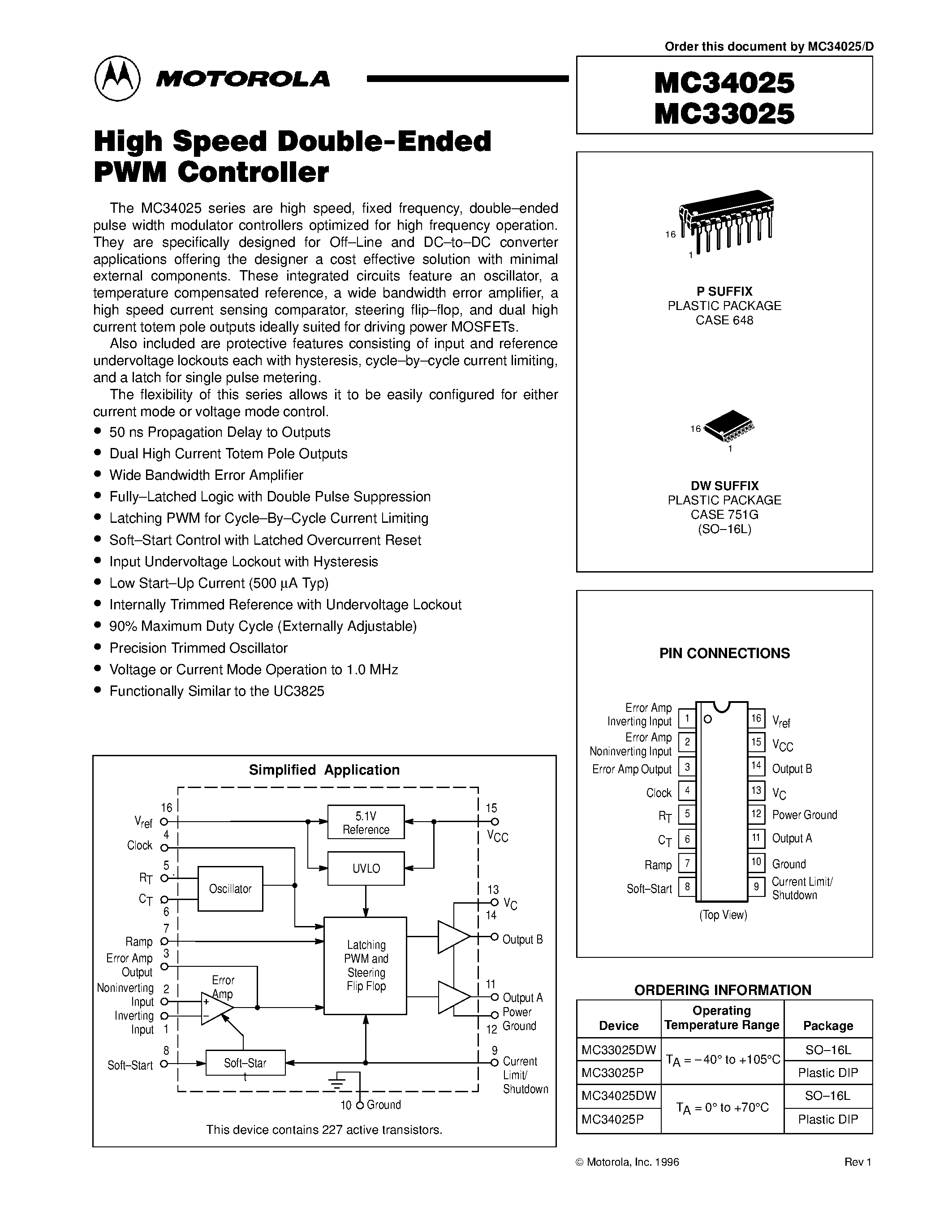 Даташит MC33025 - High Speed Double-Ended PWM Controller страница 1