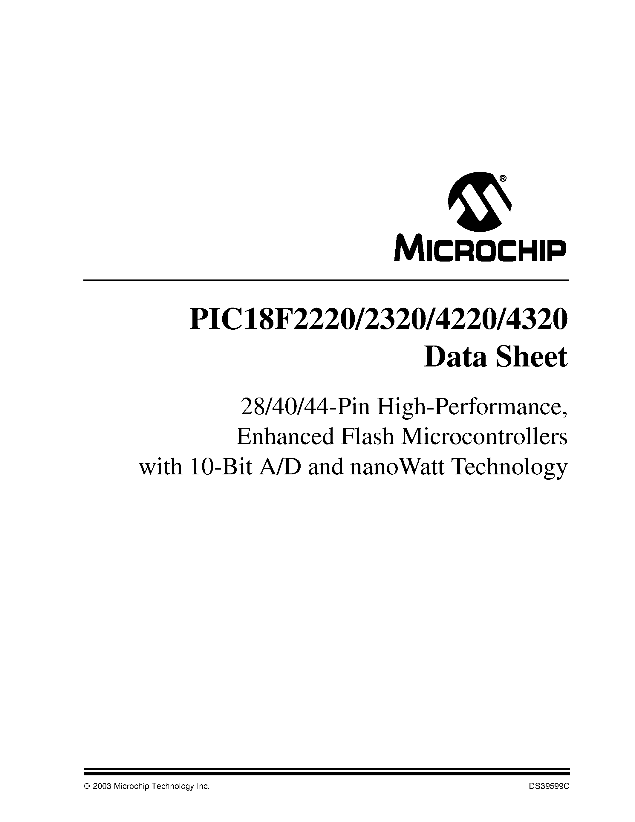 Даташит PIC18F2320 - 28/40/44-Pin High-Performance / Enhanced Flash Microcontrollers with 10-Bit A/D and nanoWatt Technology страница 1
