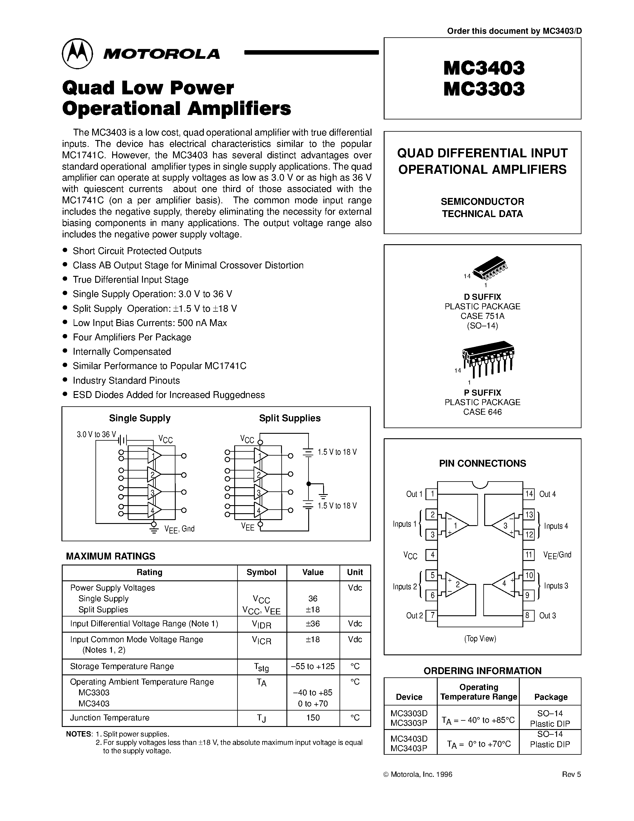 Даташит MC3303 - QUAD DIFFERENTIAL INPUT OPERATIONAL AMPLIFIERS страница 1