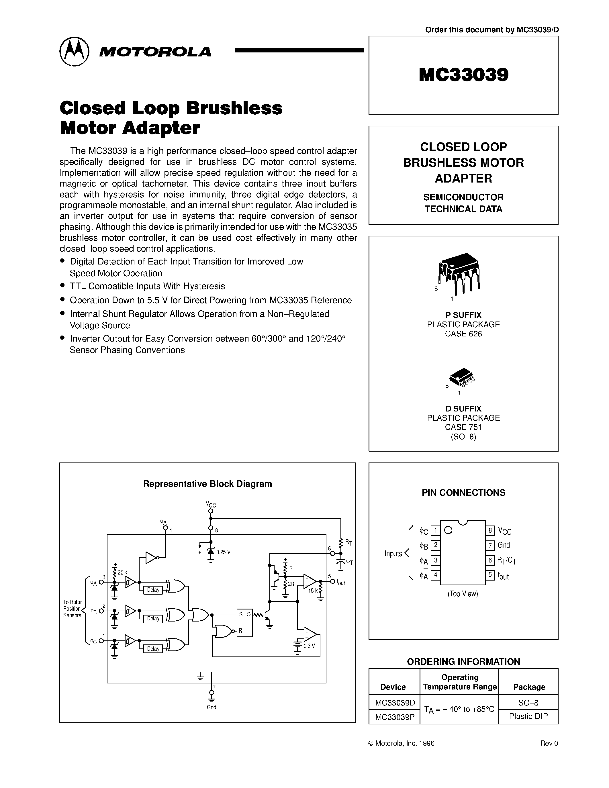 Даташит MC33039 - CLOSED LOOP BRUSHLESS MOTOR ADAPTER страница 1