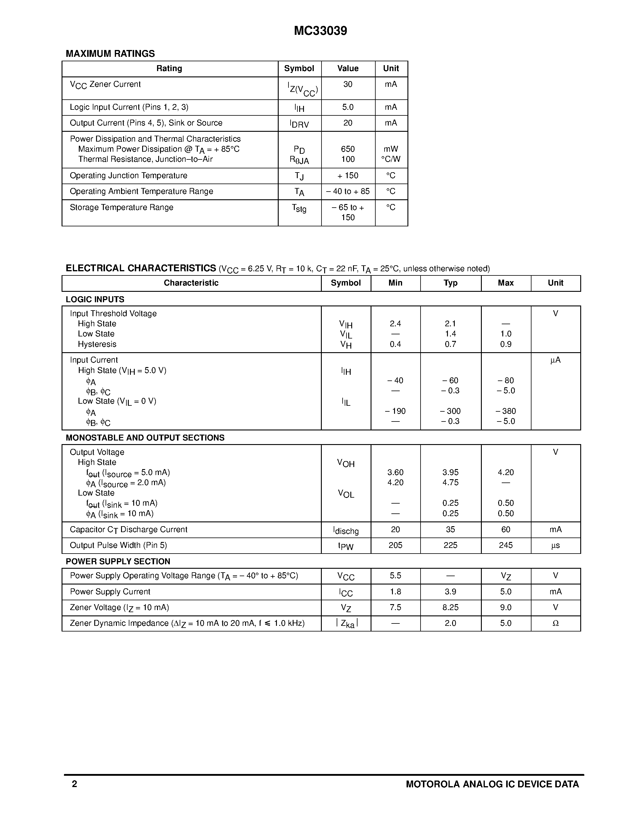Даташит MC33039 - CLOSED LOOP BRUSHLESS MOTOR ADAPTER страница 2
