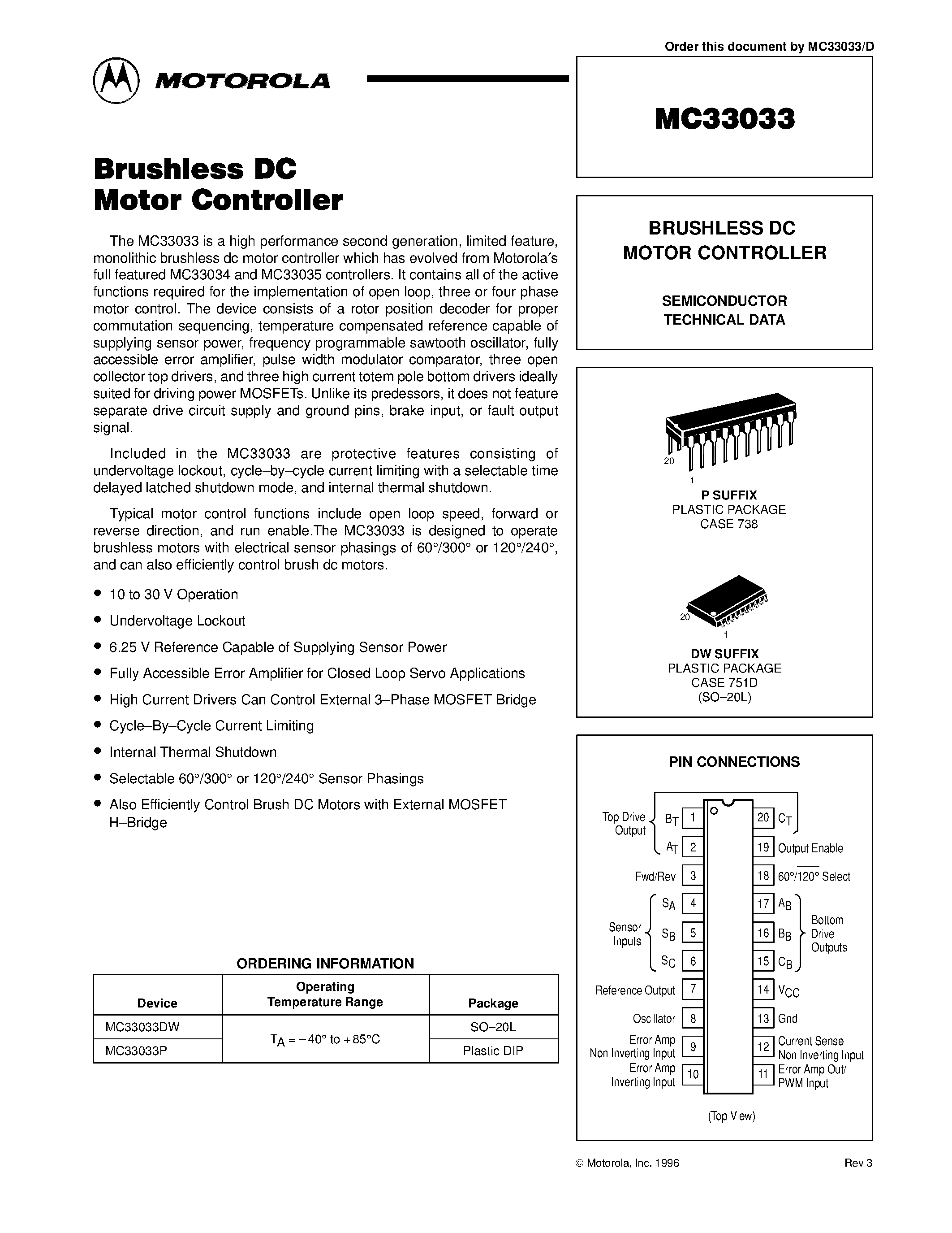 Даташит на микросхему MC33033 страница 1 Даташит MC33033 - BRUSHLESS DC MOTOR CONTROLLER страница 1