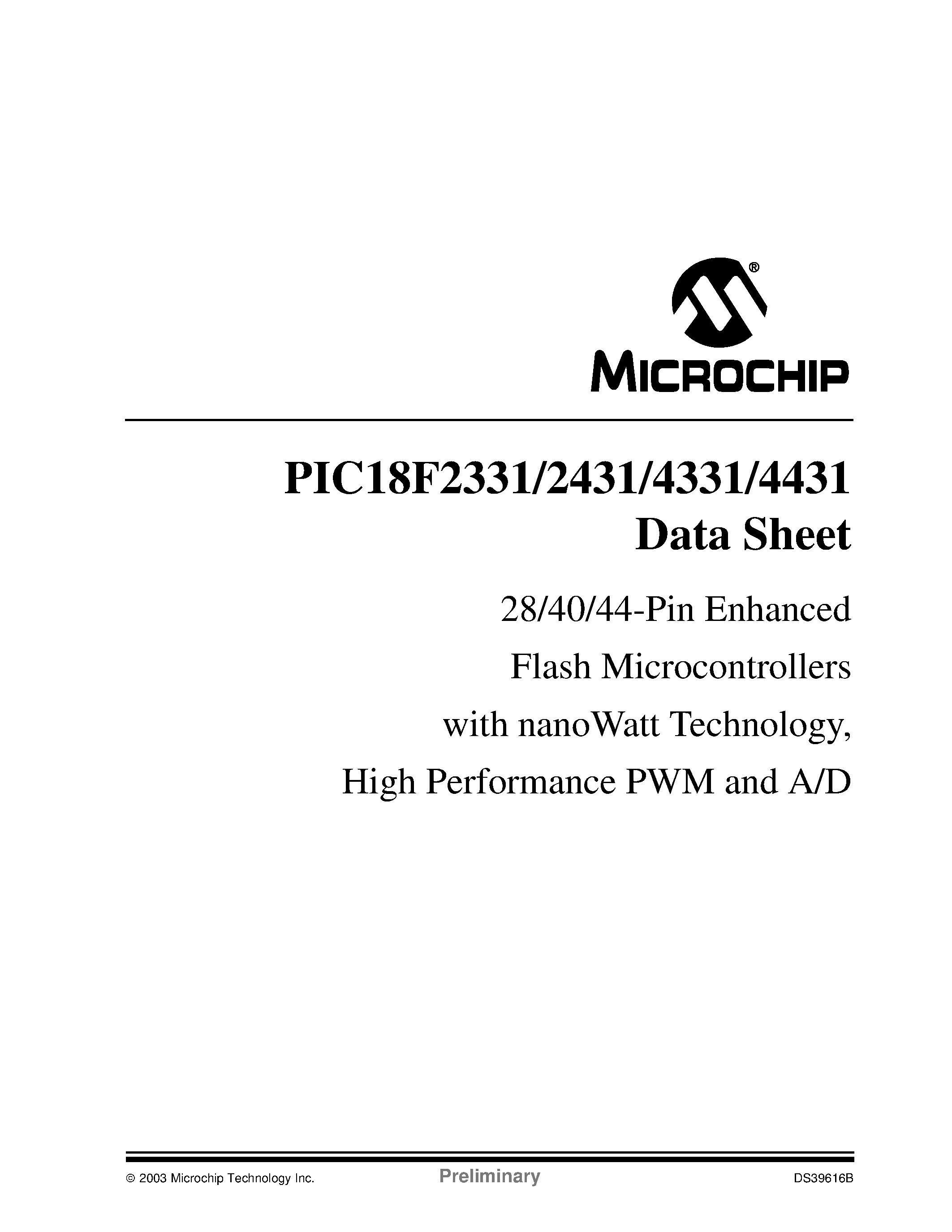 Даташит PIC18F2331 - 28/40/44-Pin Enhanced Flash Microcontrollers with nanoWatt Technology / High Performance PWM and A/D страница 1
