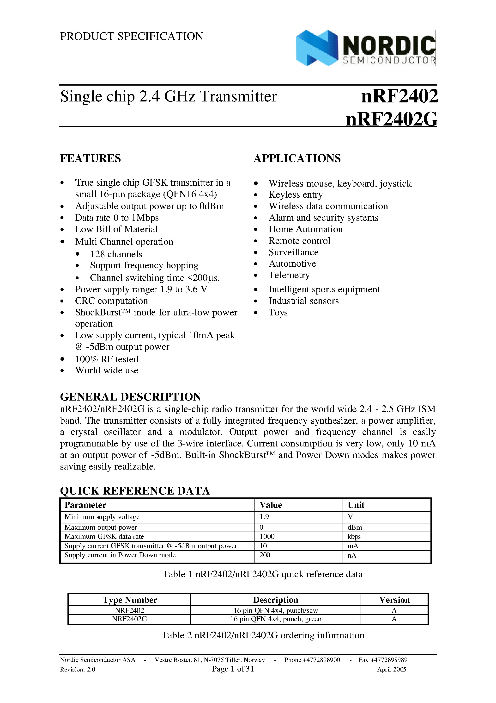 Даташит на микросхему NRF2402 страница 1 Даташит NRF2402 - Single Chip 2.4 Ghz Transmitter страница 1