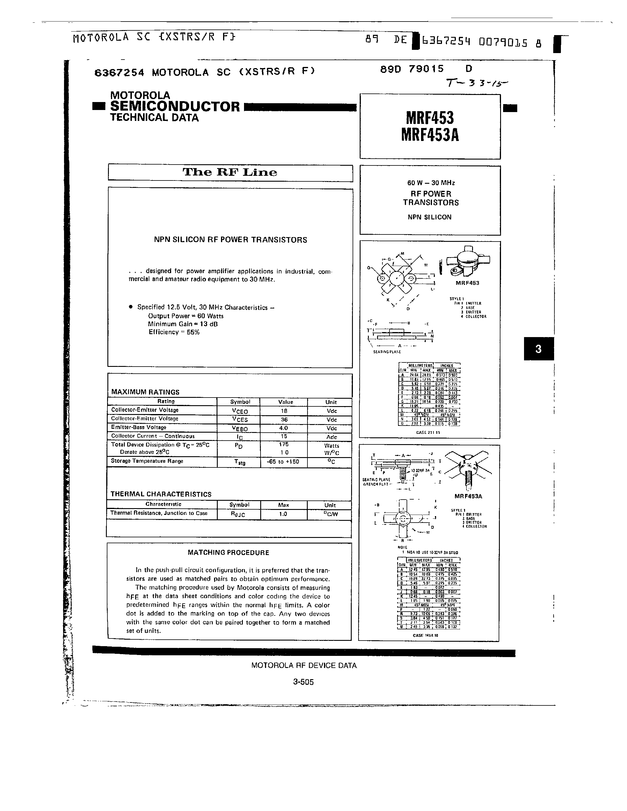 Datasheet MRF453 - RF POWER TRANSISTORS page 1