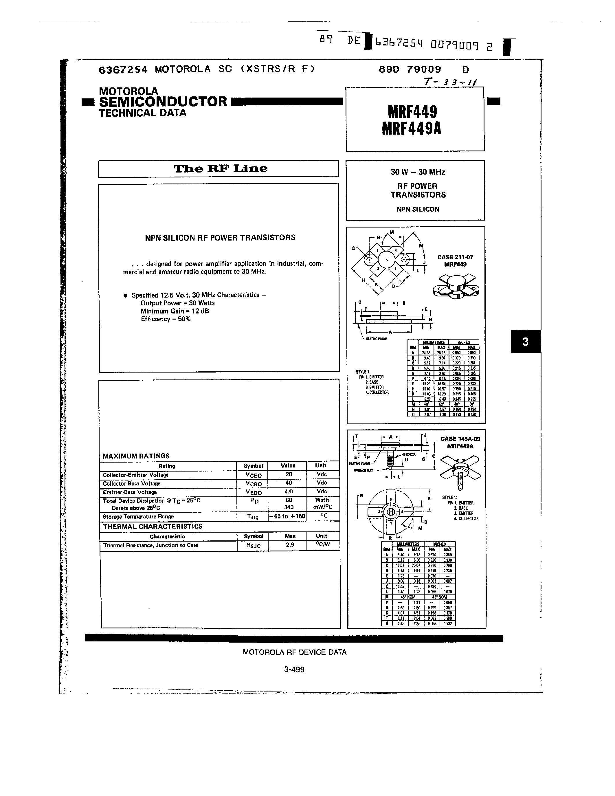Datasheet MRF449 page 1 Datasheet MRF449 - RF POWER TRANSISTORS page 1
