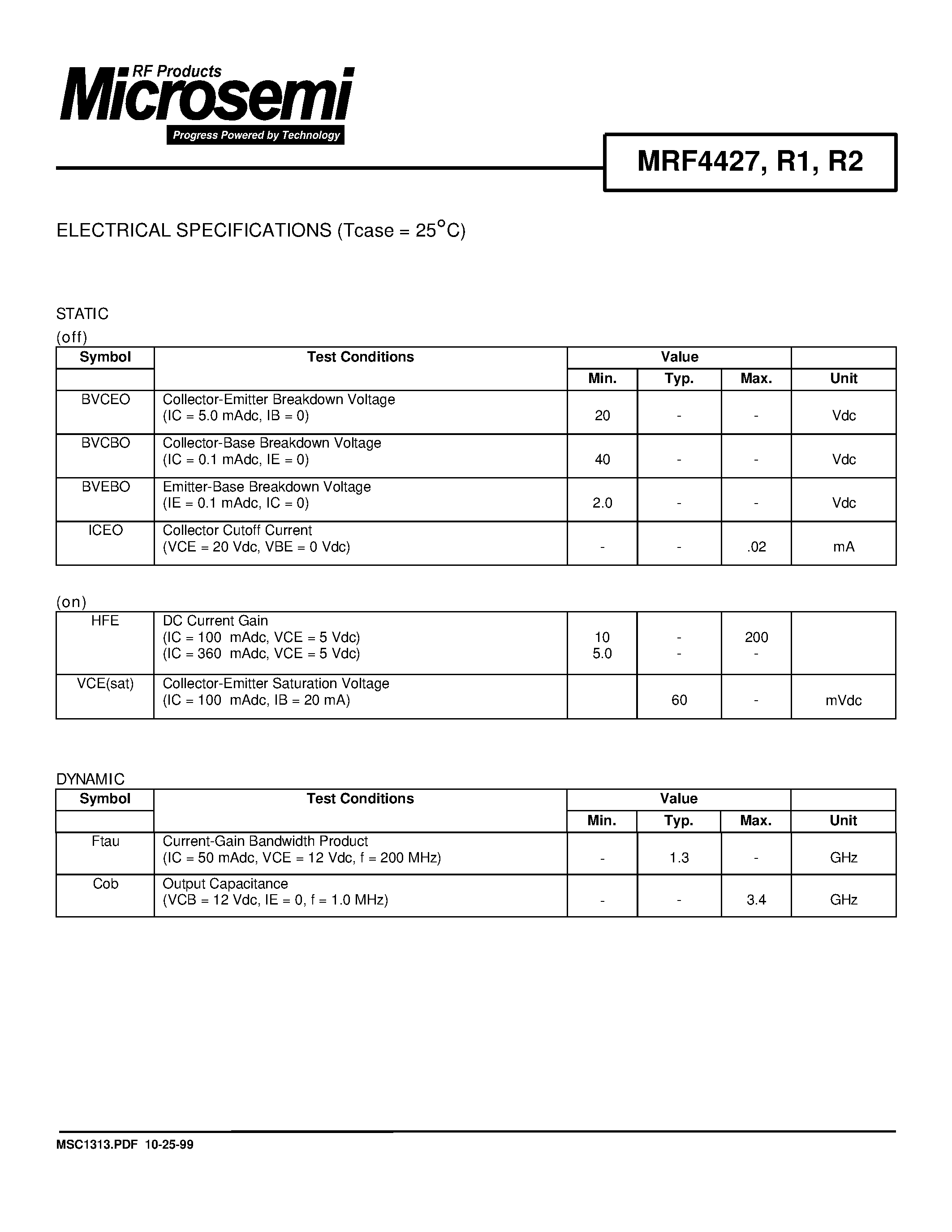 Datasheet MRF4427 page 2 Datasheet MRF4427 - RF & MICROWAVE DISCRETE LOW POWER TRANSISTORS page 2