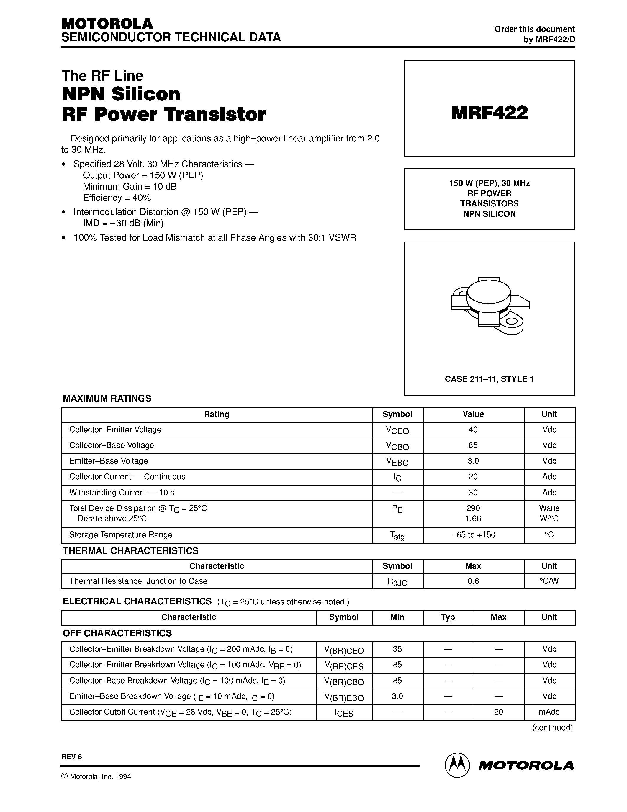 Datasheet MRF422 page 1 Datasheet MRF422 - RF POWER TRANSISTORS NPN SILICON page 1