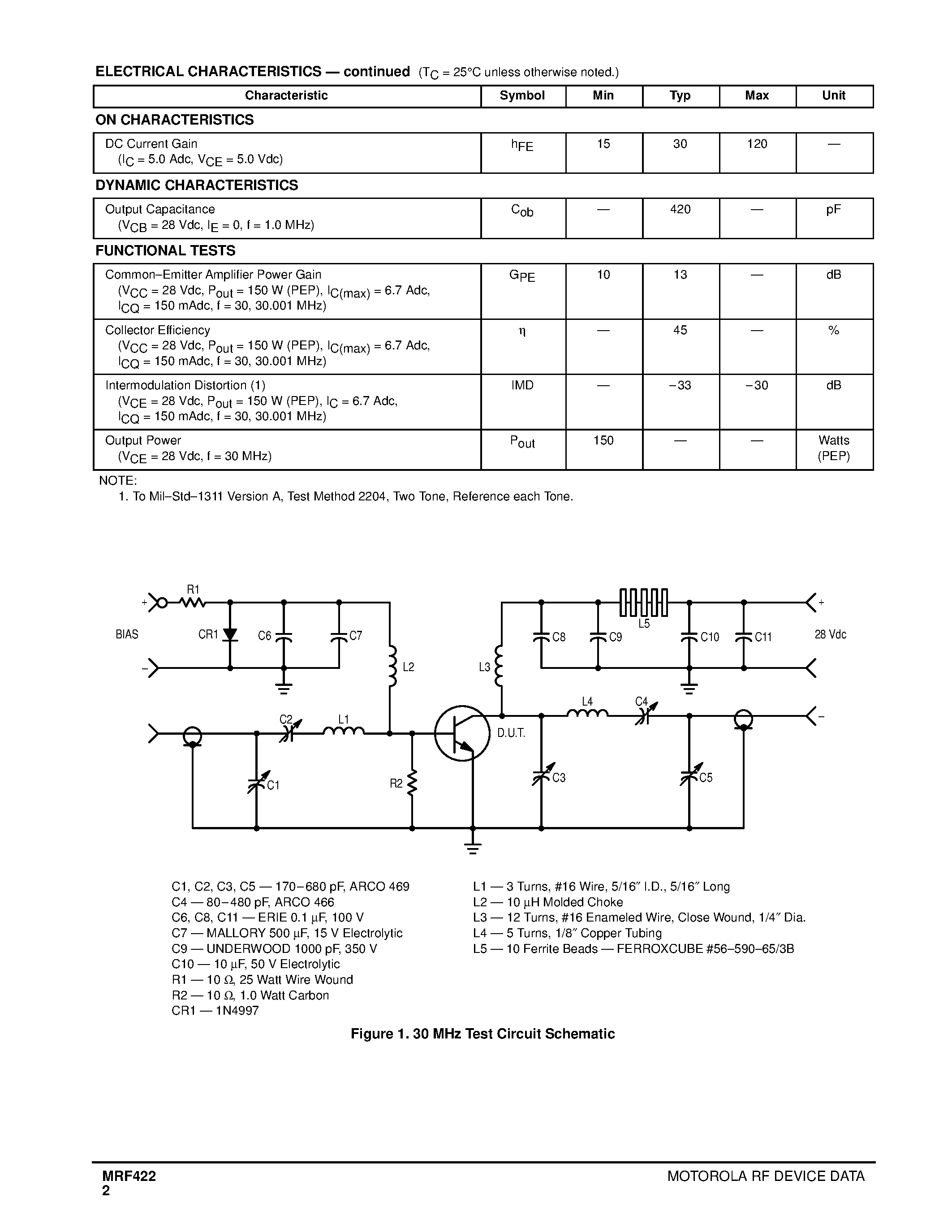 Datasheet MRF422 page 2 Datasheet MRF422 - RF POWER TRANSISTORS NPN SILICON page 2