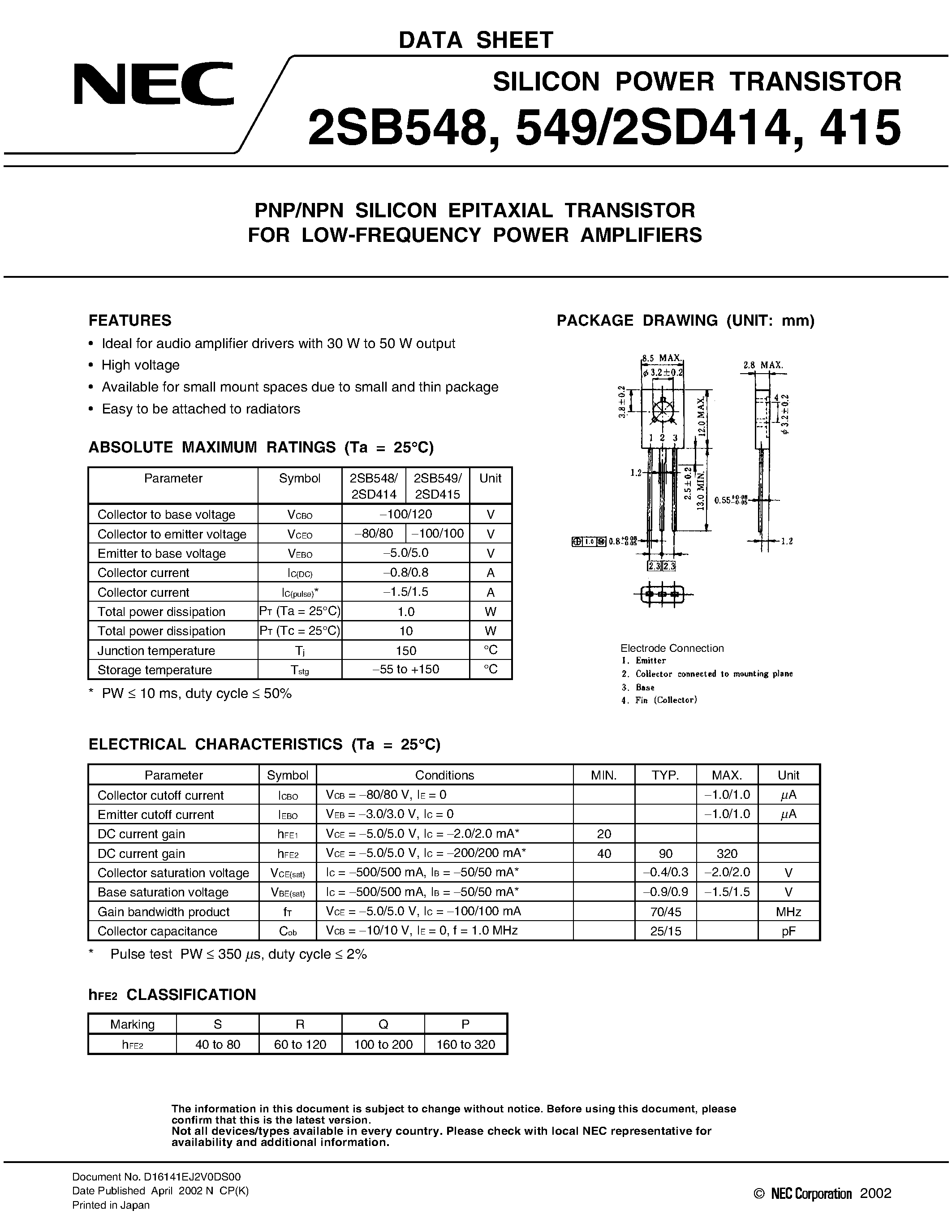 Datasheet 2SB548 - PNP/NPN SILICON EPITAXIAL TRANSISTOR FOR LOW-FREQUENCY POWER AMPLIFIERS page 1