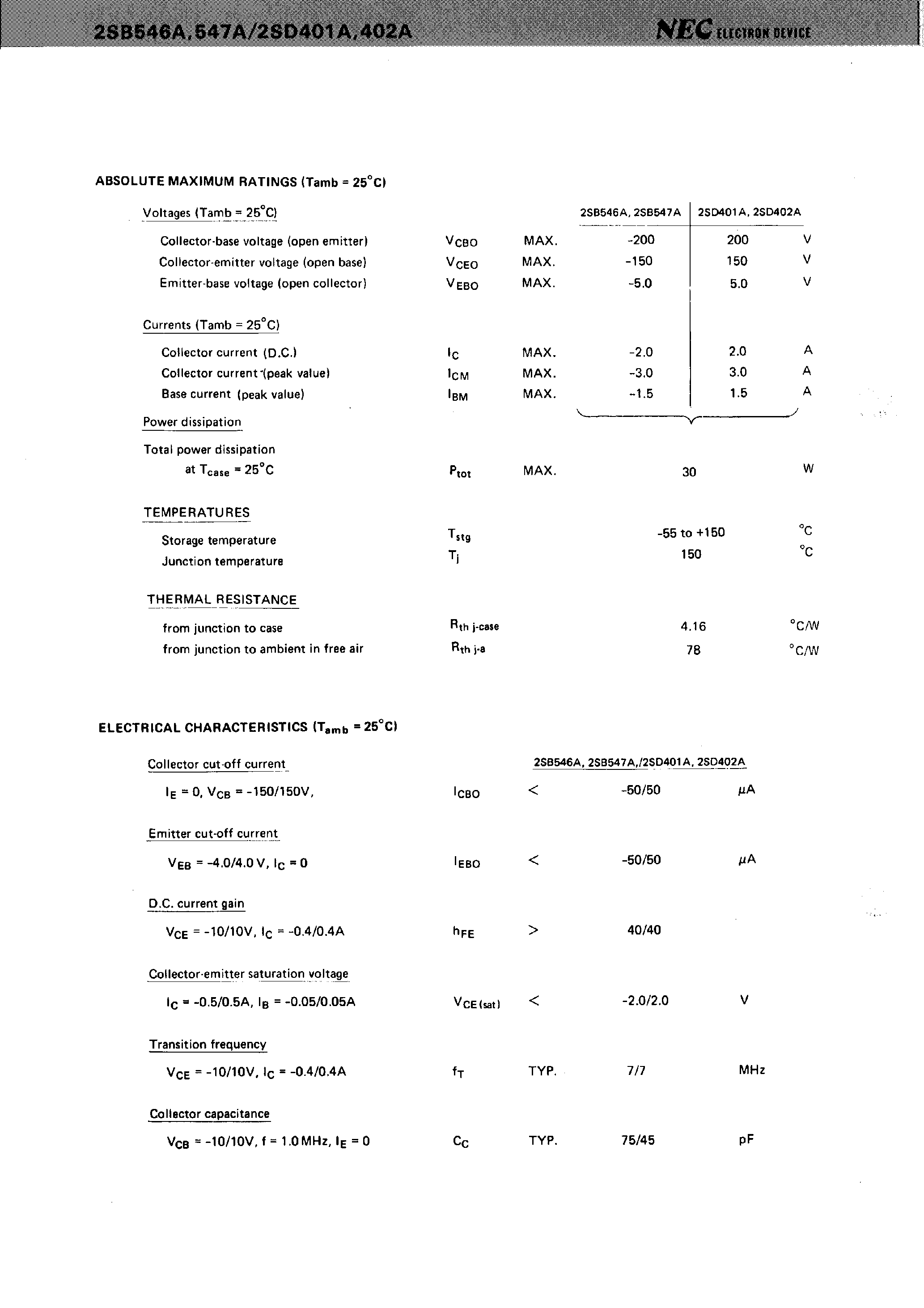 Datasheet 2SB546A page 2 Datasheet 2SB546A - VERTICAL DEFLECTION OUTPUT FOR COLOR TV PNP/NPN SILICON TRIPLE DIFFUSED TRANSISTOR page 2