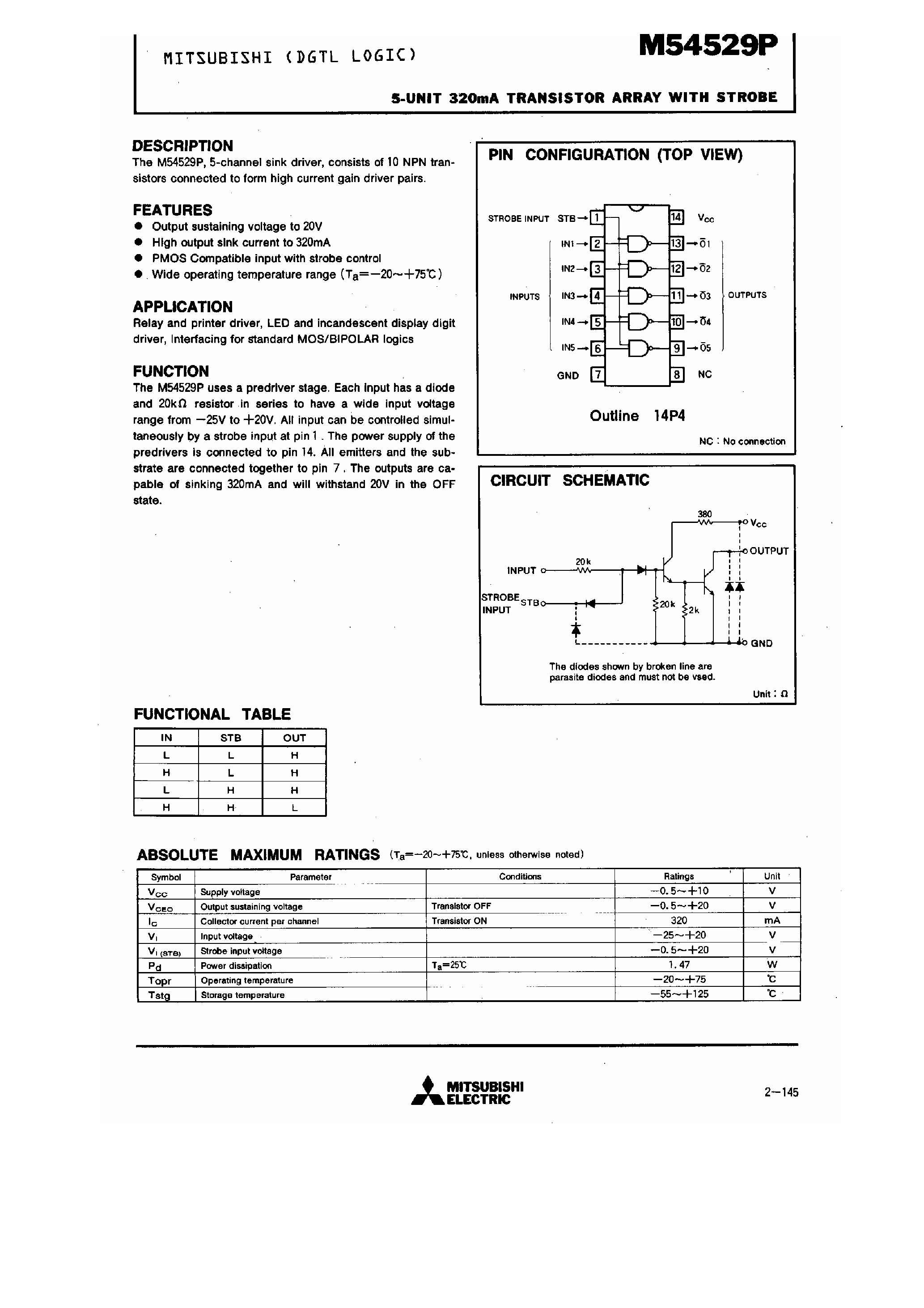 Datasheet M54529P - 5-Unit 320mA Transistor Array with Strobe page 1