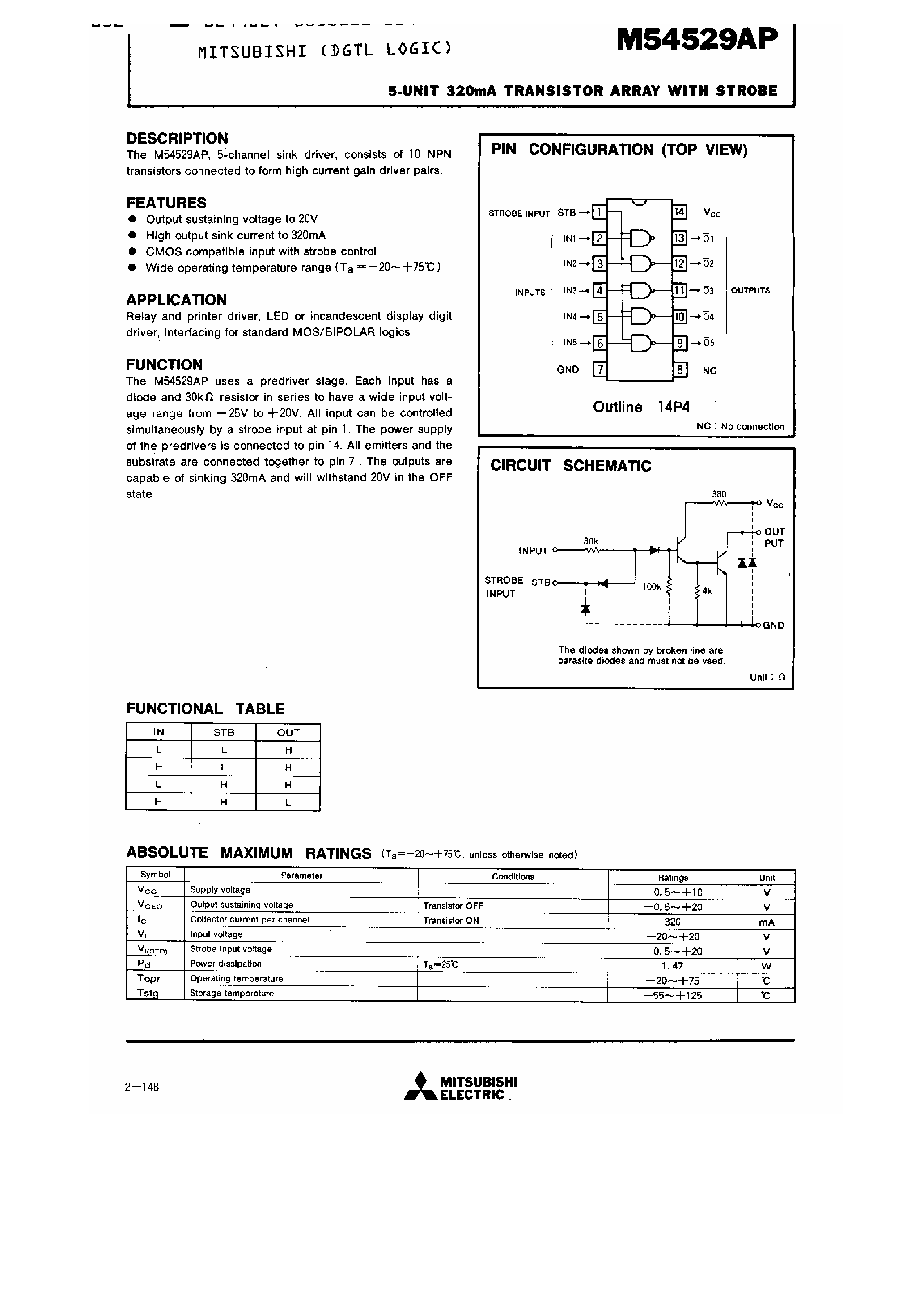 Datasheet M54529AP - 5-Unit 320mA Transistor Array with Strobe page 1