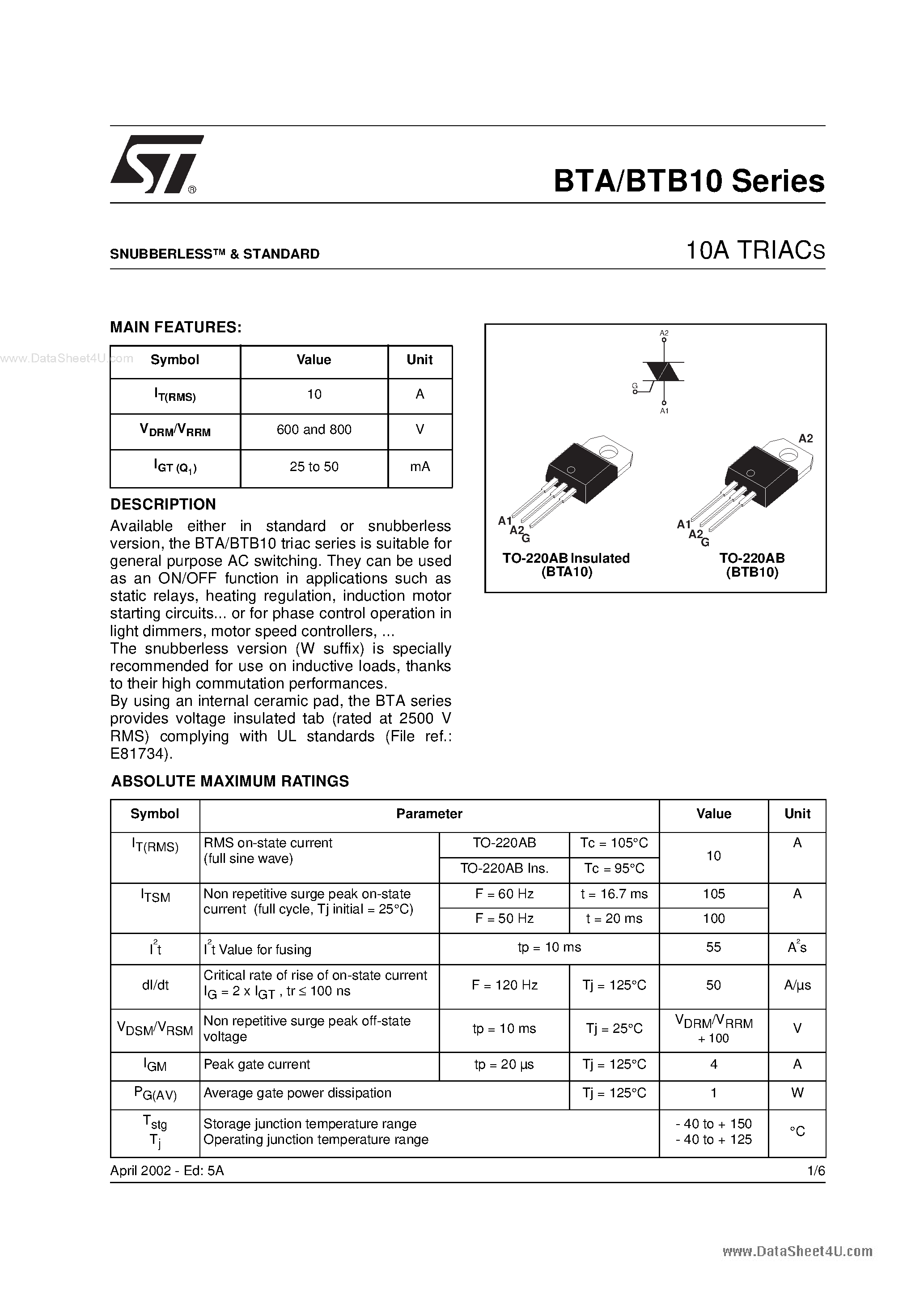 Даташит на микросхему BTA10600B страница 1 Даташит BTA10600B - Search ---> BTA10-600B страница 1