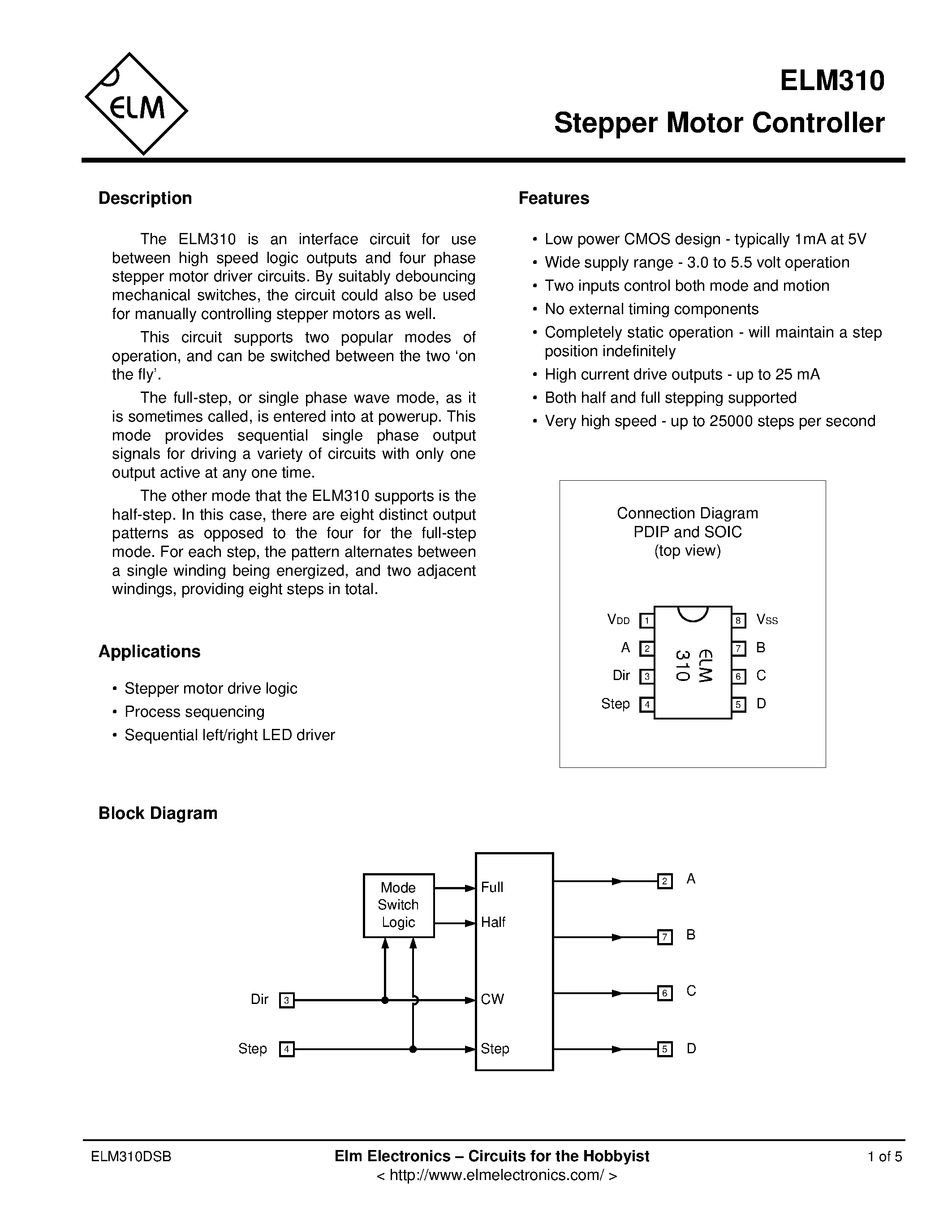 Даташит ELM310 - STEPPER MOTOR CONTROLLER страница 1