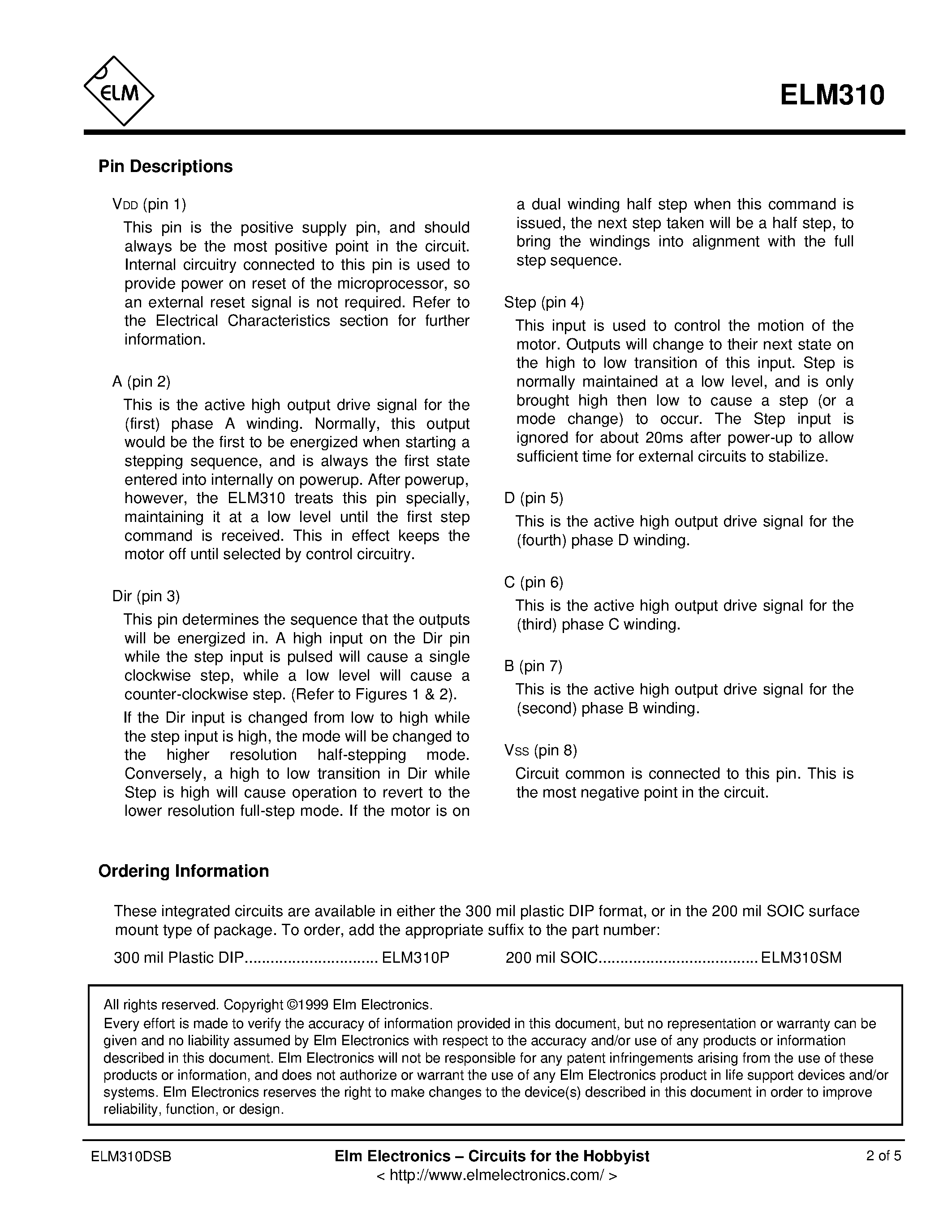 Даташит ELM310 - STEPPER MOTOR CONTROLLER страница 2