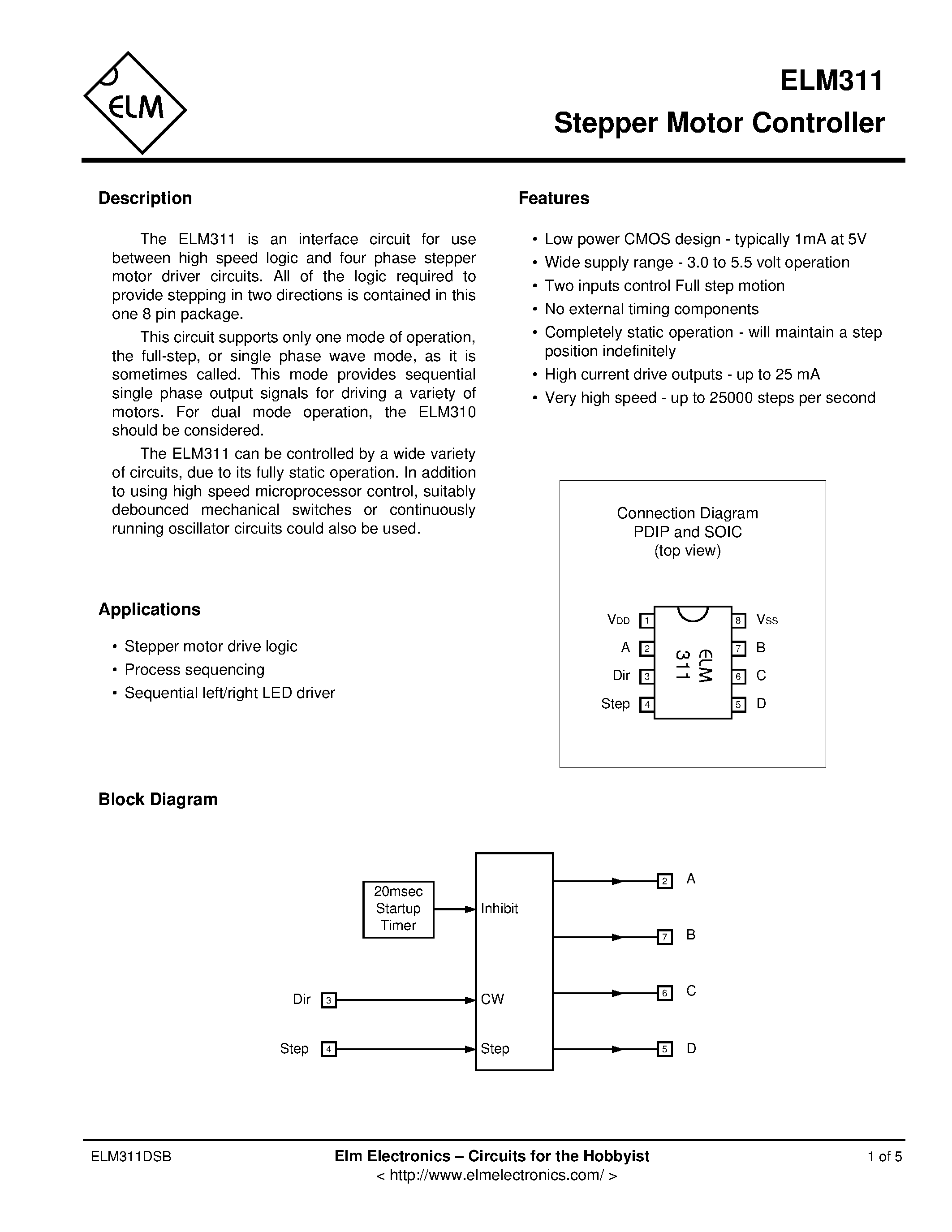 Даташит ELM311 - STEPPER MOTOR CONTROLLER страница 1
