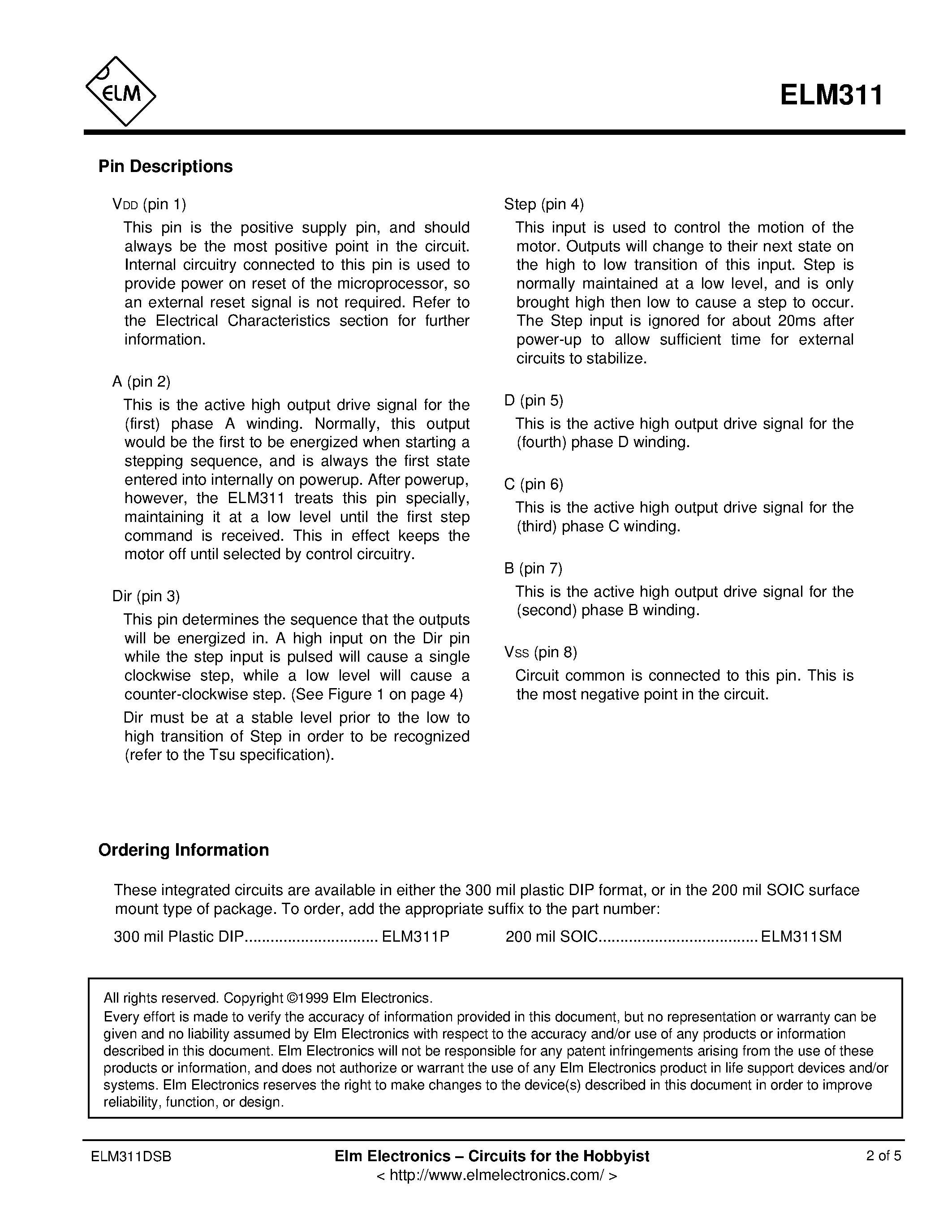 Даташит ELM311 - STEPPER MOTOR CONTROLLER страница 2
