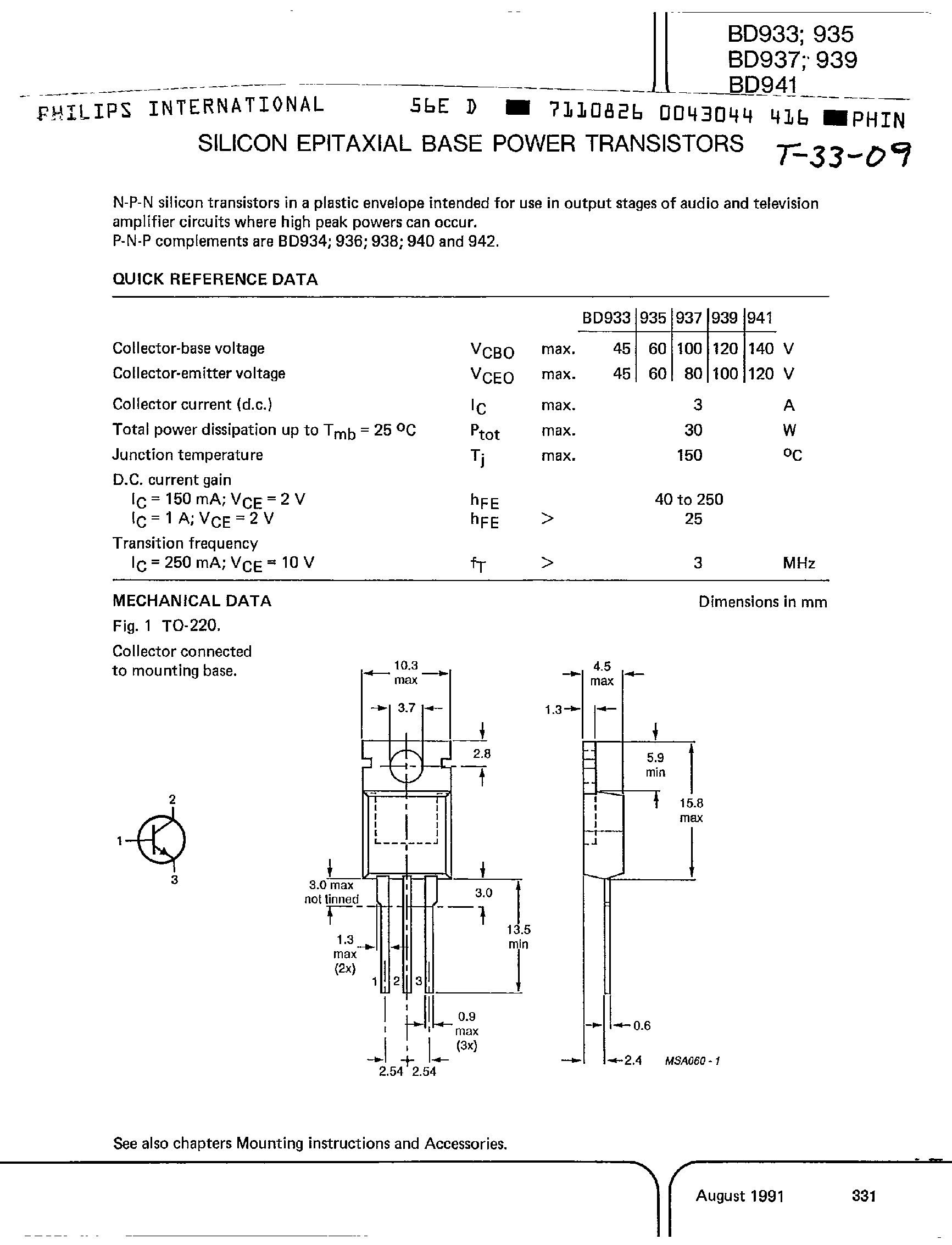Даташит BD941 - Silicon Epitaxial Power Transistors страница 1