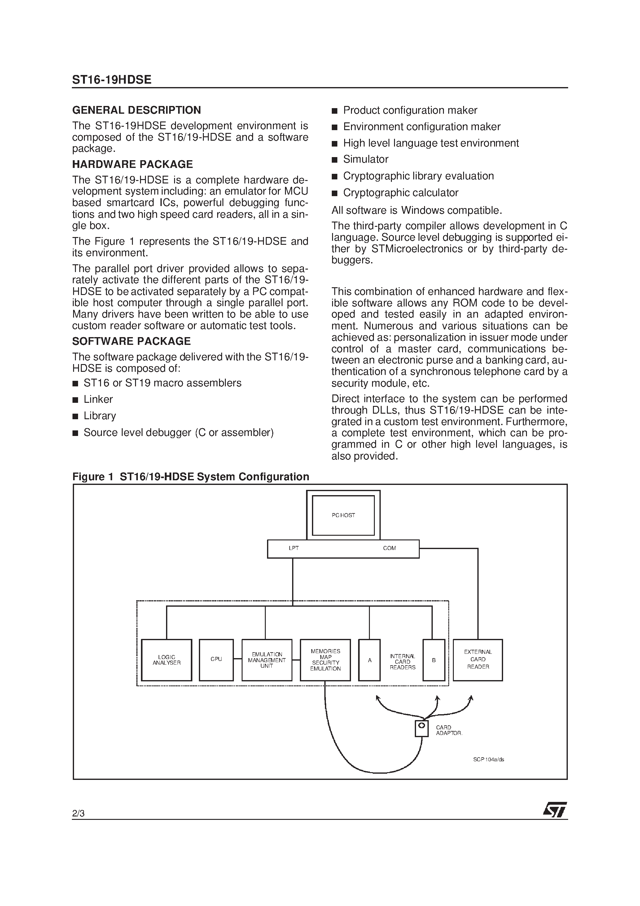 Datasheet ST16-19HDSE - Development Environment For ST16 and ST19 Smartcard MCU Families page 2