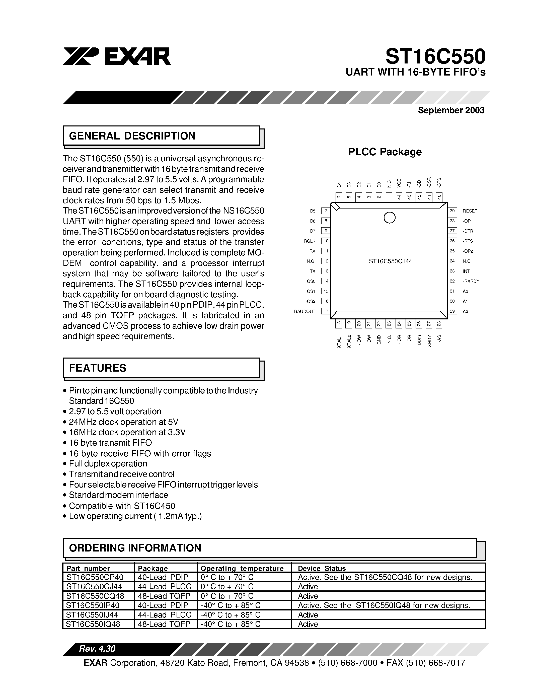 Datasheet ST16C550 page 1 Datasheet ST16C550 - UART WITH 16-BYTE FIFO page 1