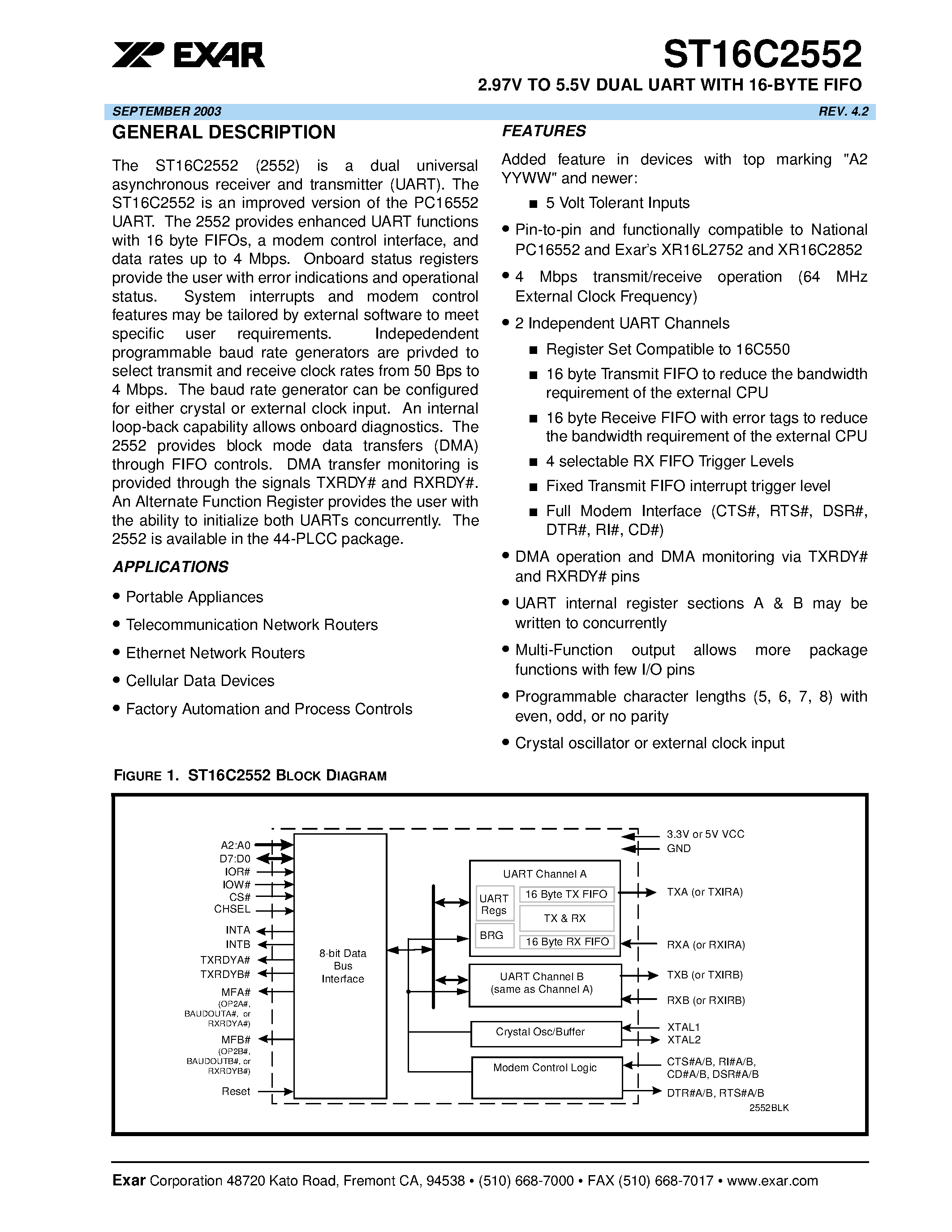 Datasheet ST16C2552 - 2.97V TO 5.5V DUAL UART WITH 16-BYTE FIFO page 1
