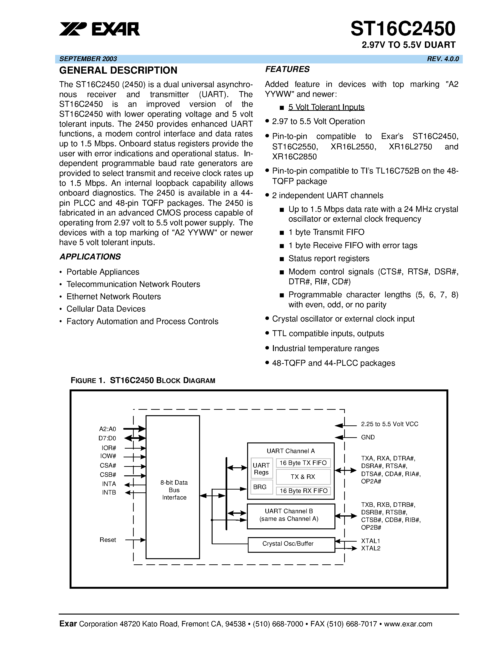 Datasheet ST16C2450 page 1 Datasheet ST16C2450 - (ST16C2450 / ST16C2451) 2.97V TO 5.5V DUART page 1