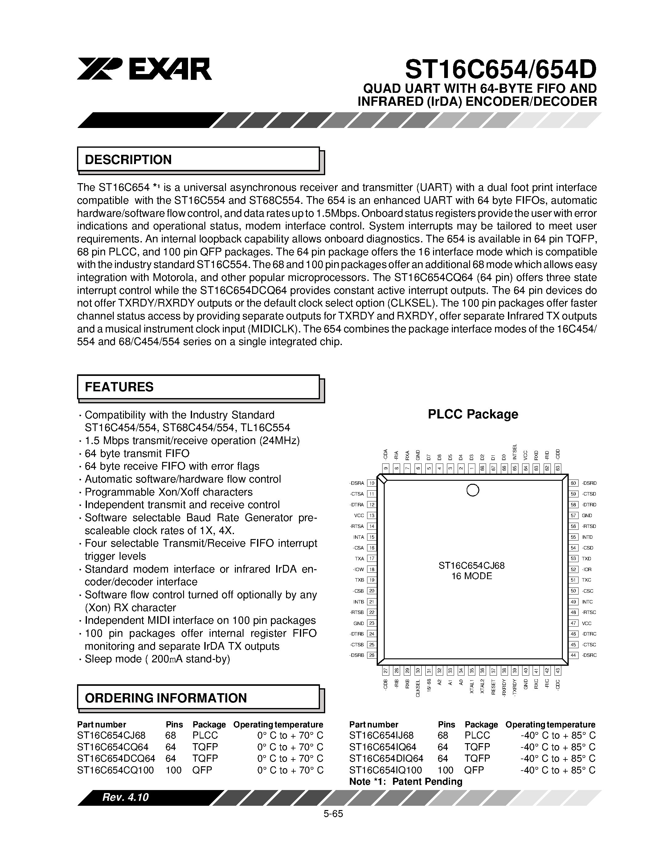Даташит ST16654 - QUAD UART WITH 64-BYTE FIFO AND INFRARED (IrDA) ENCODER/DECODER страница 1