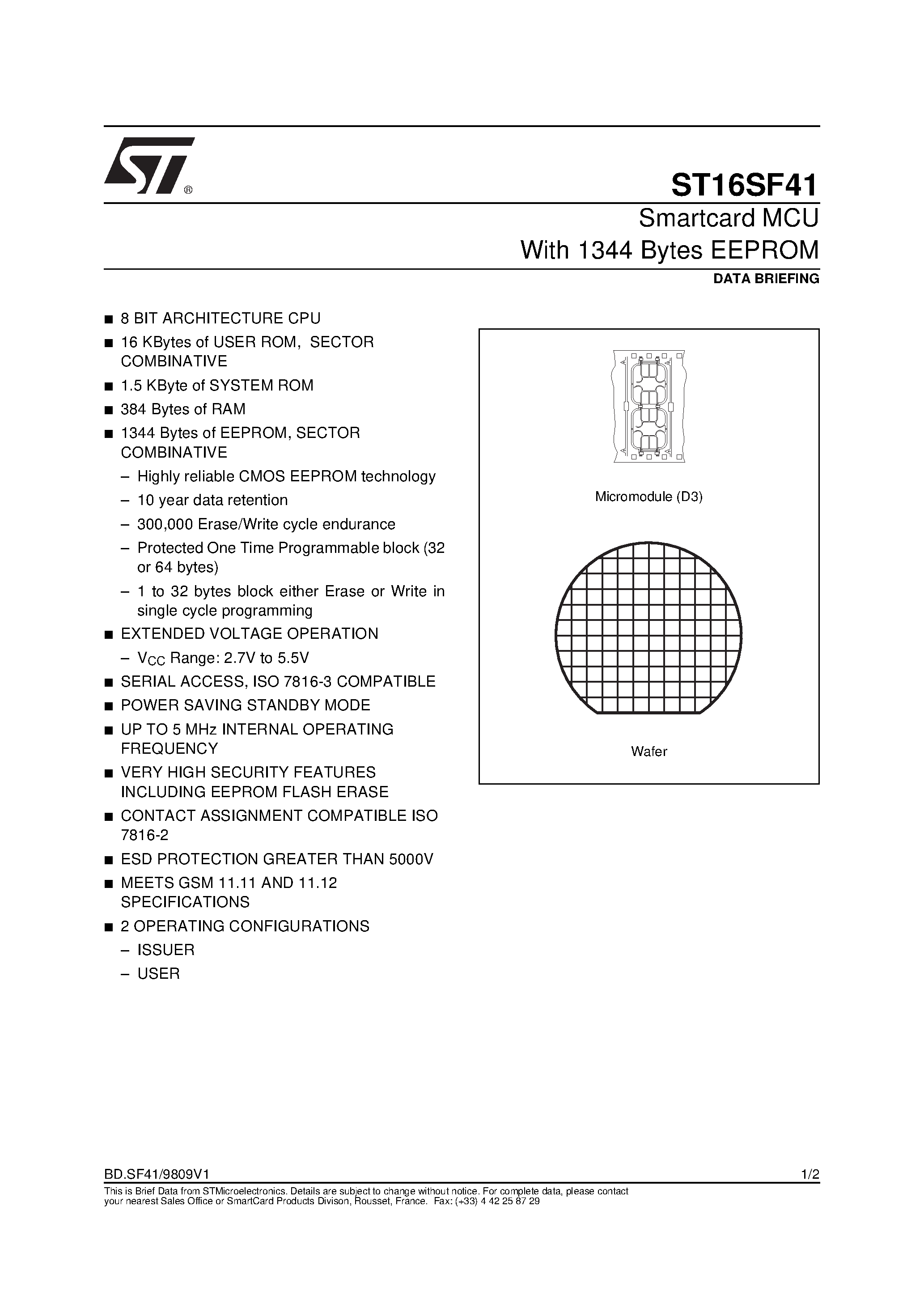 Datasheet ST16SF41 page 1 Datasheet ST16SF41 - Smartcard MCU With 1344 Bytes EEPROM page 1