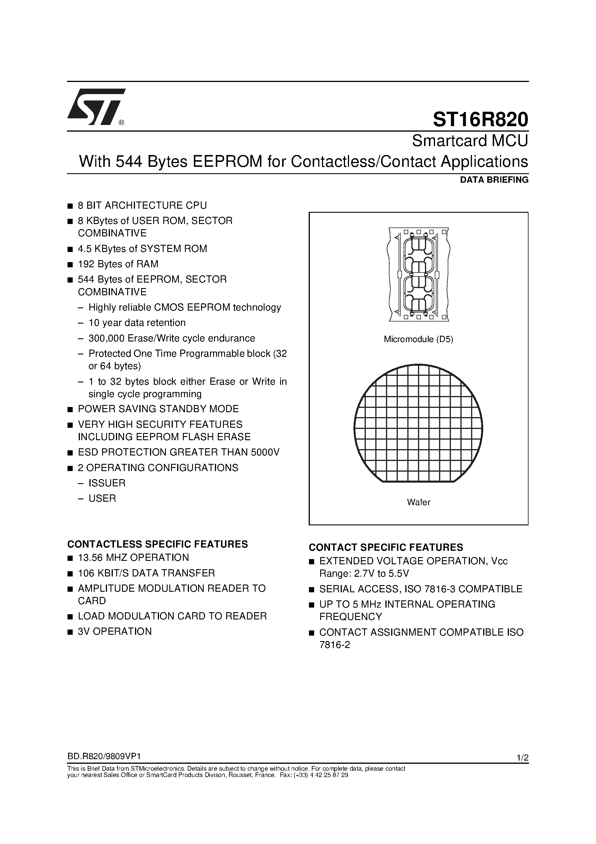 Datasheet ST16R820 page 1 Datasheet ST16R820 - Smartcard MCU With 544 Bytes EEPROM for Contactless/Contact Applications page 1