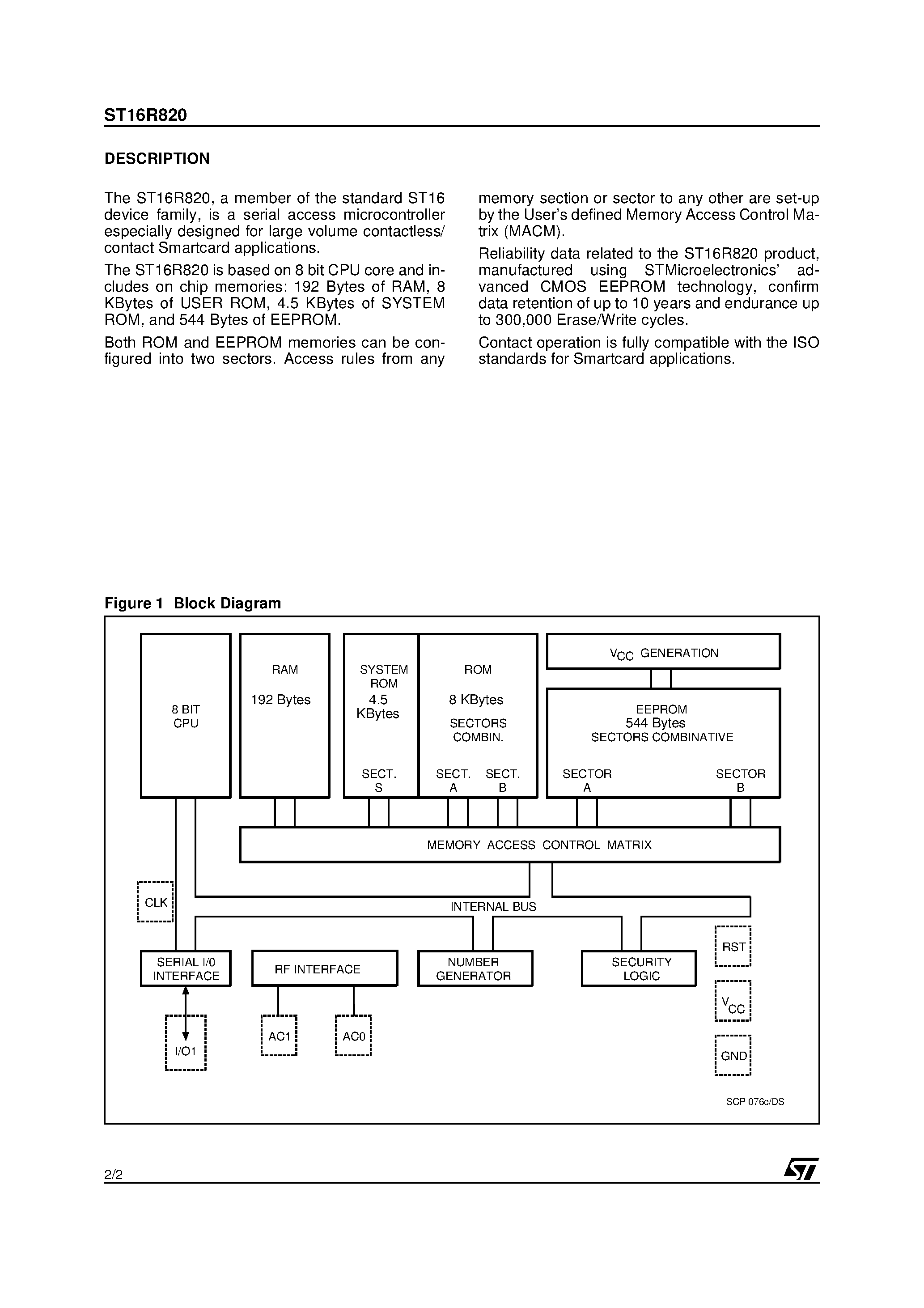 Datasheet ST16R820 page 2 Datasheet ST16R820 - Smartcard MCU With 544 Bytes EEPROM for Contactless/Contact Applications page 2