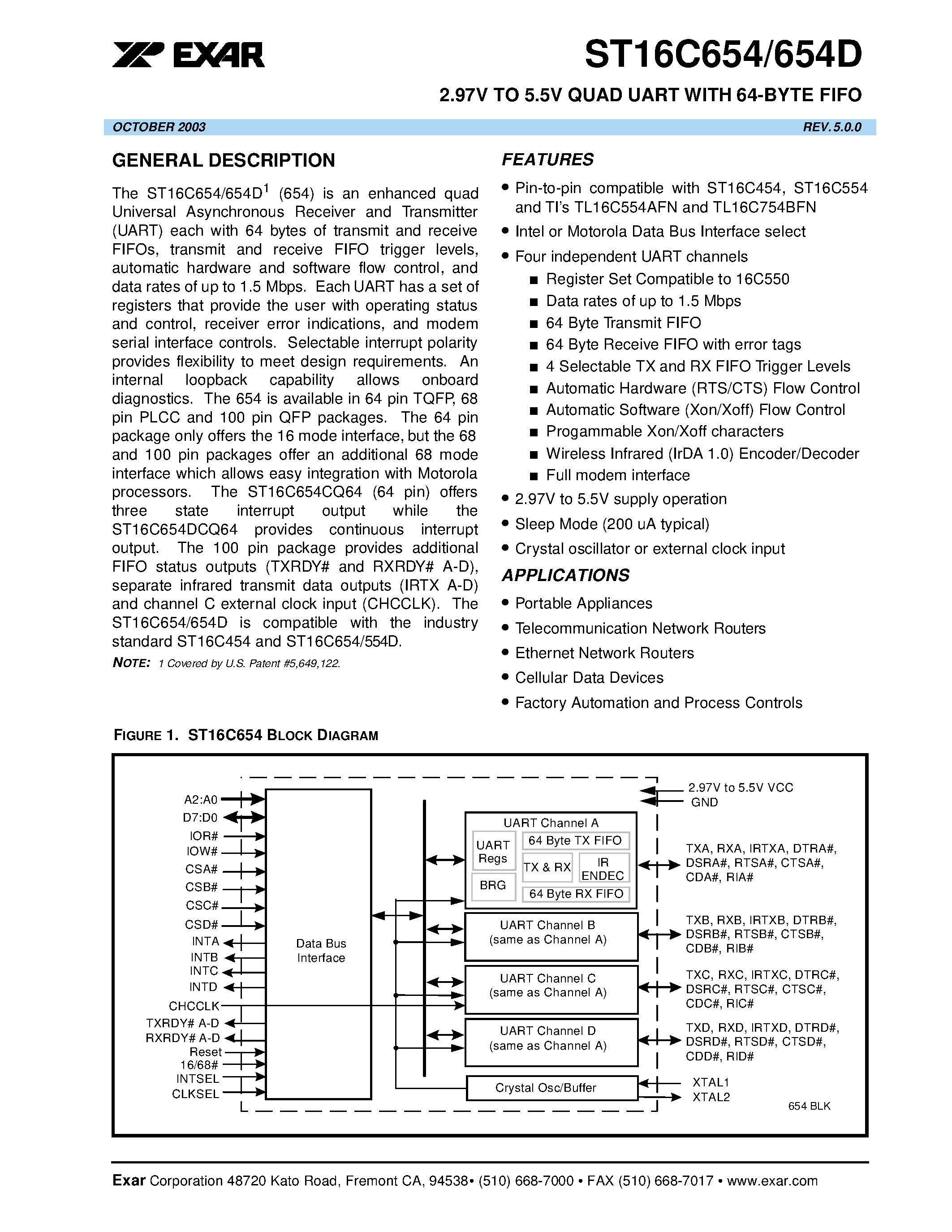 Даташит на микросхему ST16C654 страница 1 Даташит ST16C654 - 2.97V TO 5.5V QUAD UART WITH 64-BYTE FIFO страница 1