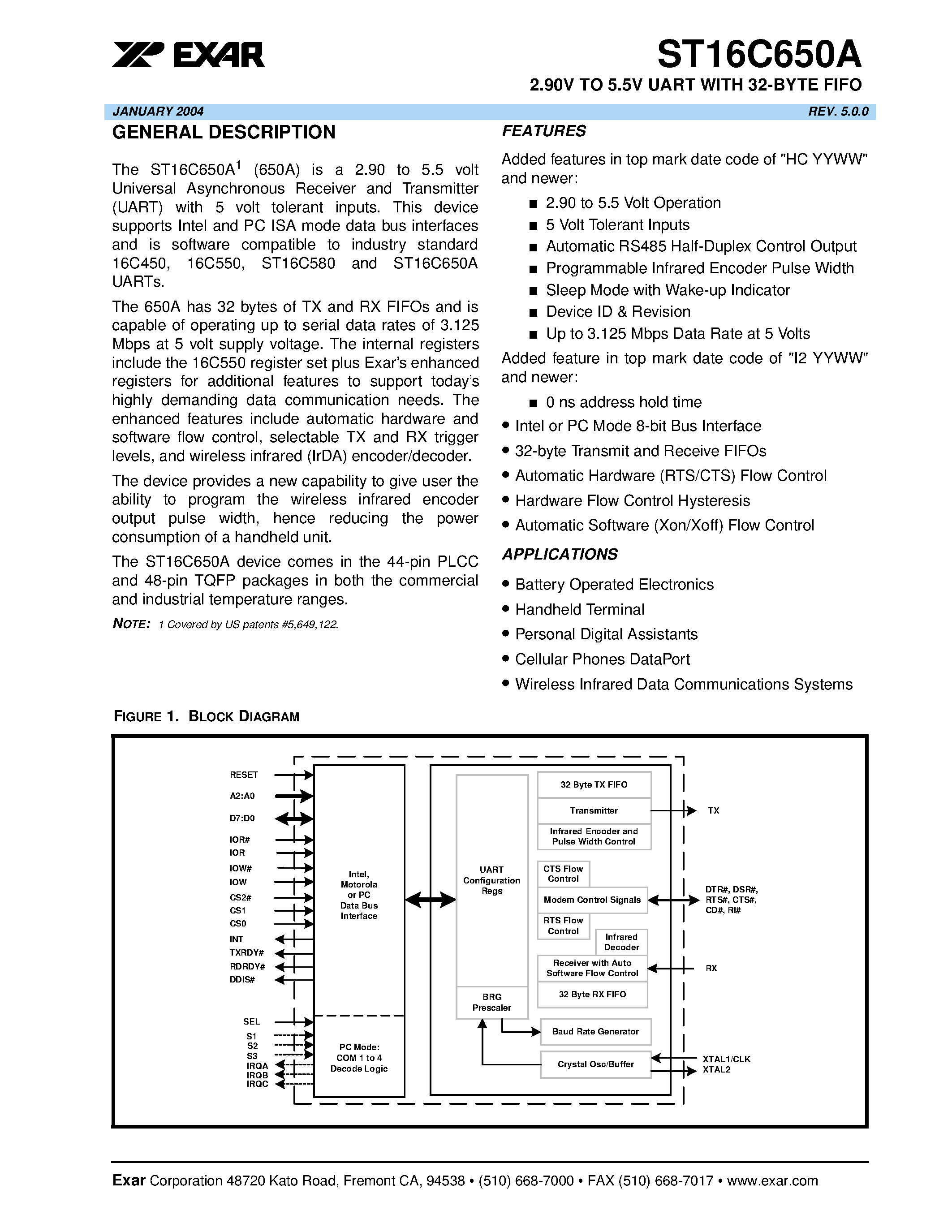 Datasheet ST16C650A page 1 Datasheet ST16C650A - 2.90V TO 5.5V UART WITH 32-BYTE FIFO page 1