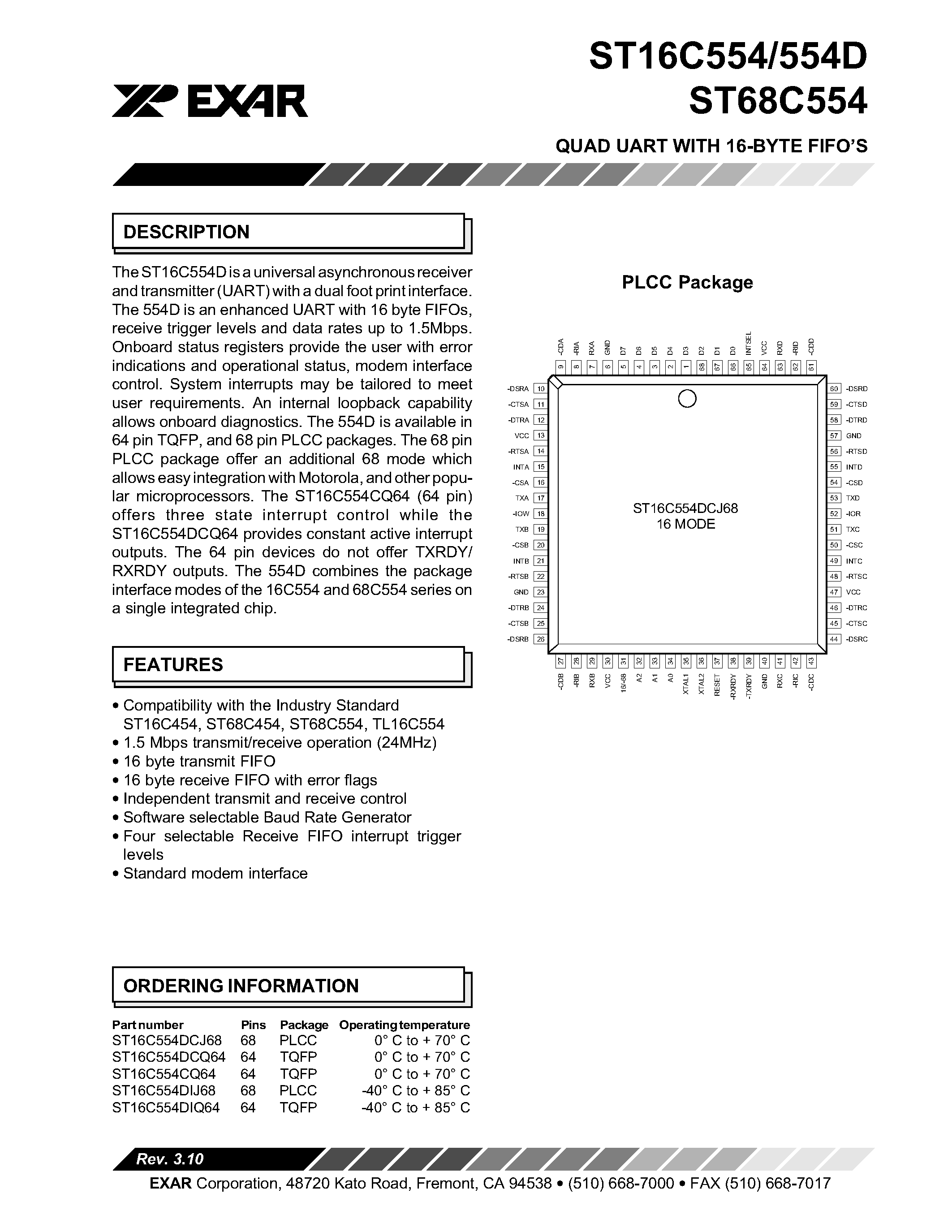 Datasheet ST16C554 - QUAD UART WITH 16-BYTE FIFOS page 1