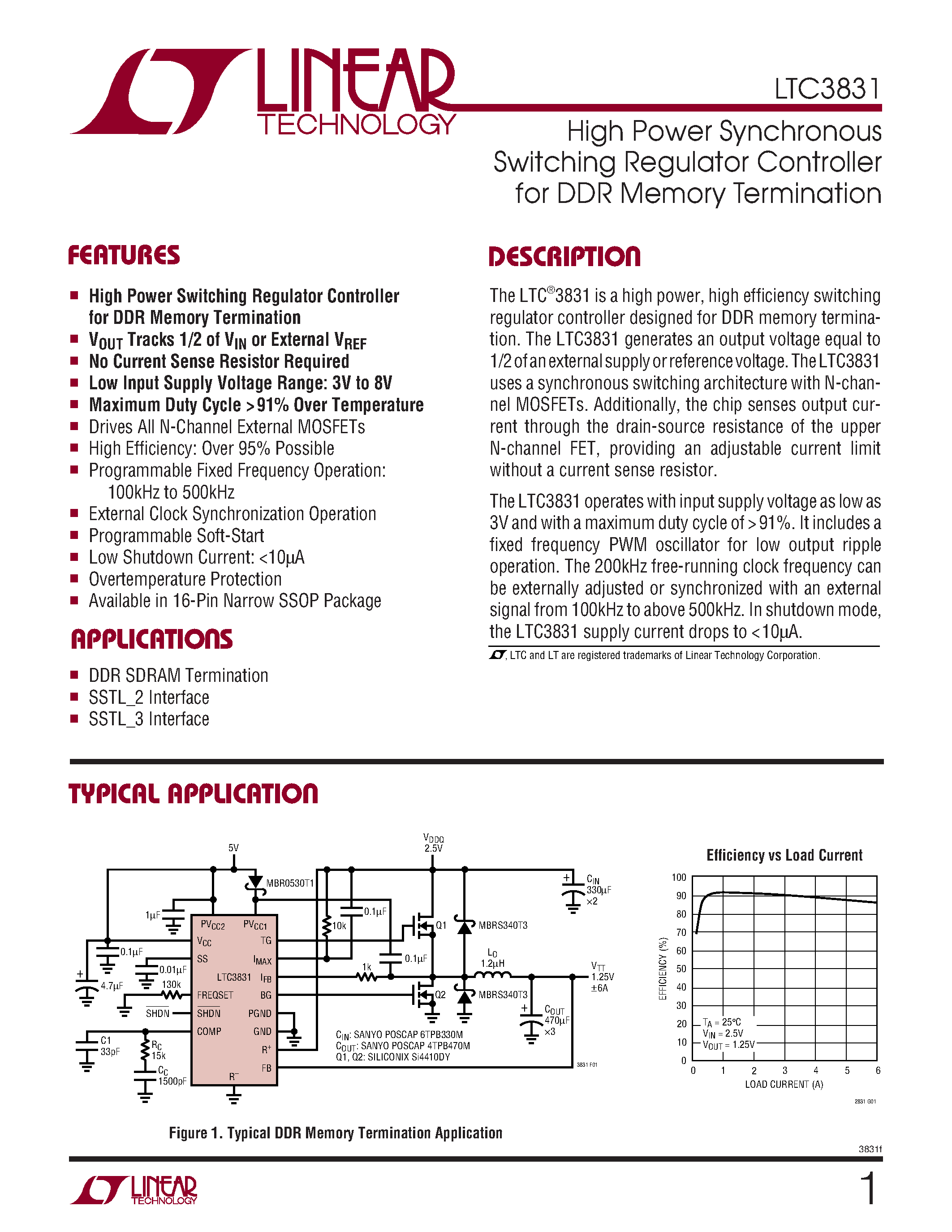 Datasheet LTC3831 page 1 Datasheet LTC3831 - High Power Synchronous Switching Regulator Controller for DDR Memory Termination page 1