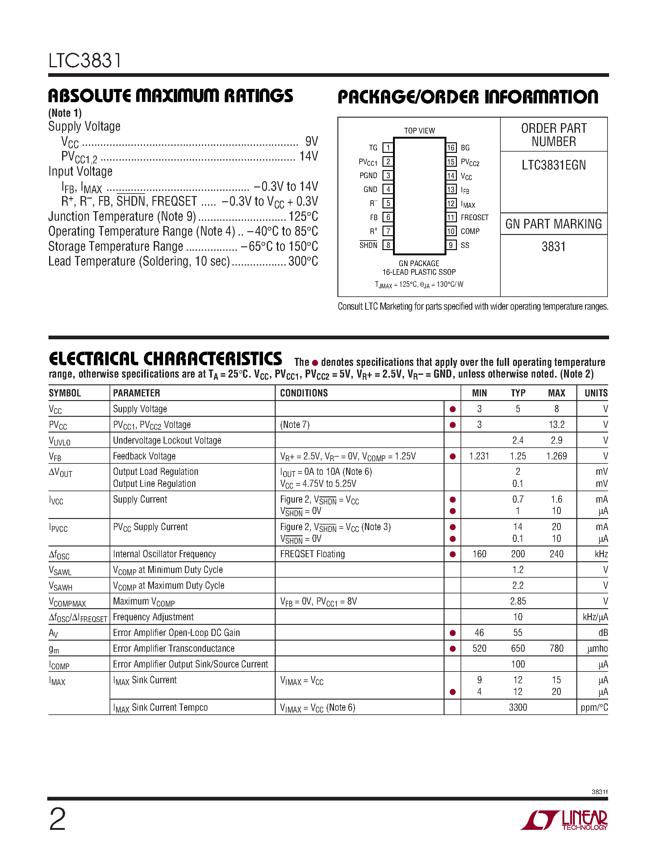 Datasheet LTC3831 page 2 Datasheet LTC3831 - High Power Synchronous Switching Regulator Controller for DDR Memory Termination page 2