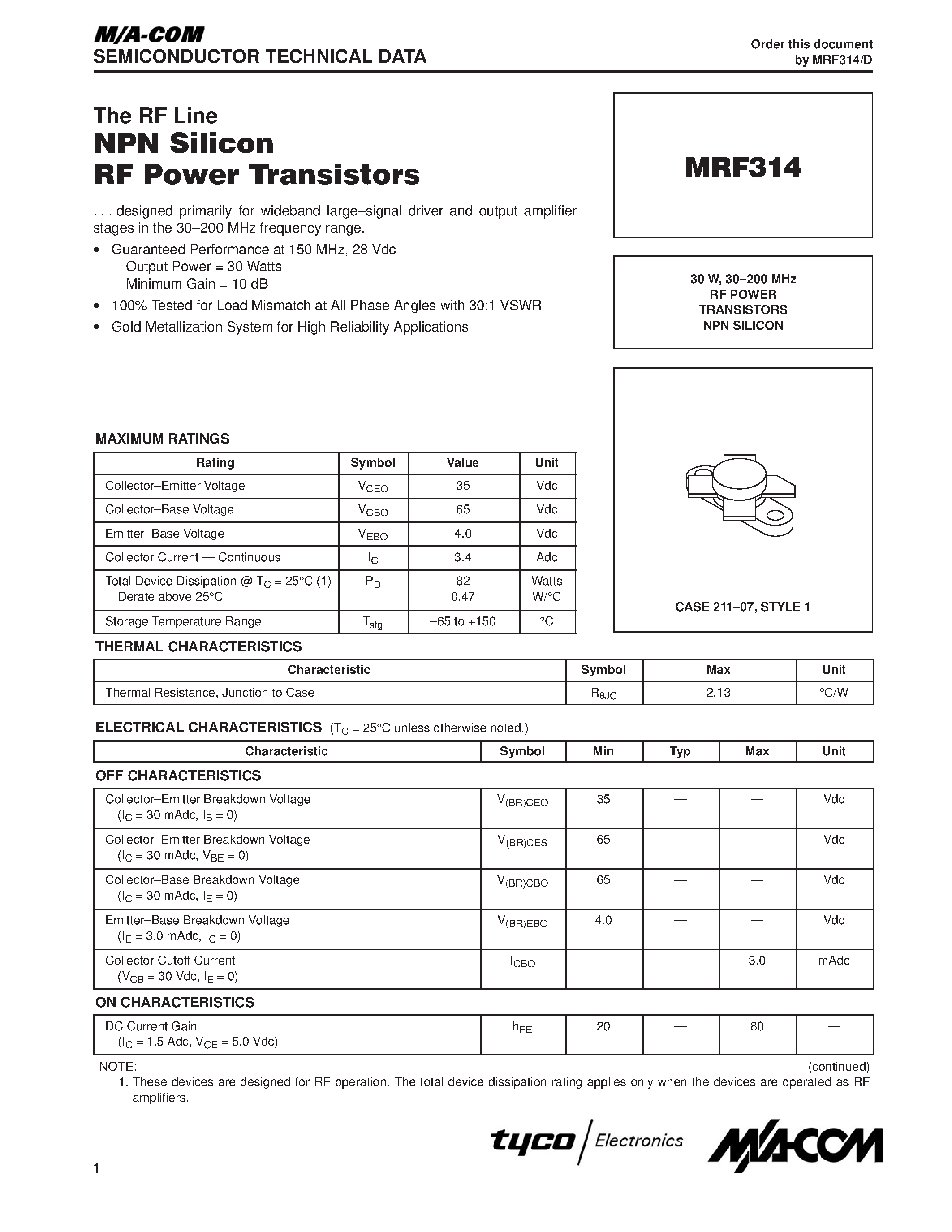 Datasheet MRF314 page 1 Datasheet MRF314 - RF POWER TRANSISTORS NPN SILICON page 1
