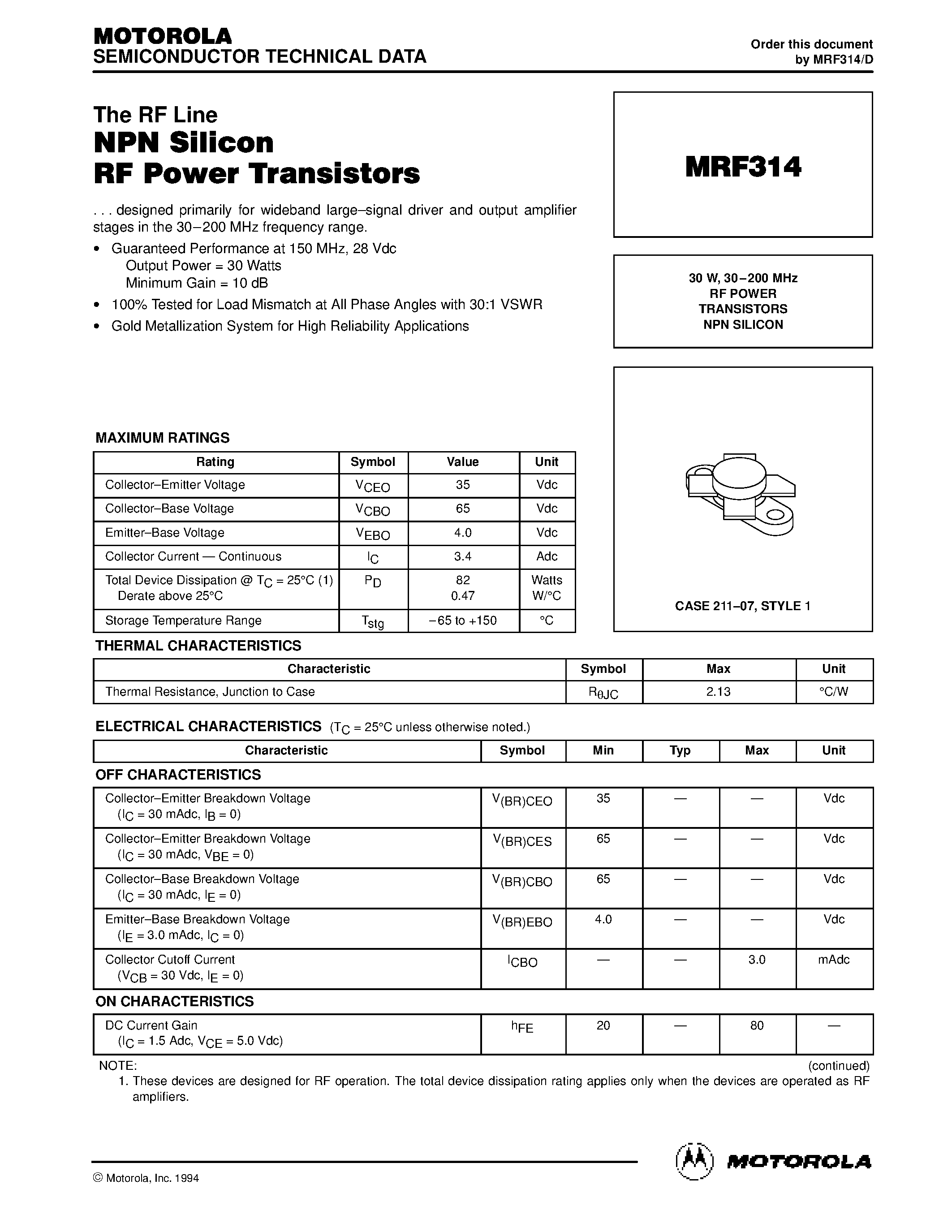 Datasheet MRF314 page 1 Datasheet MRF314 - RF POWER TRANSISTORS NPN SILICON page 1