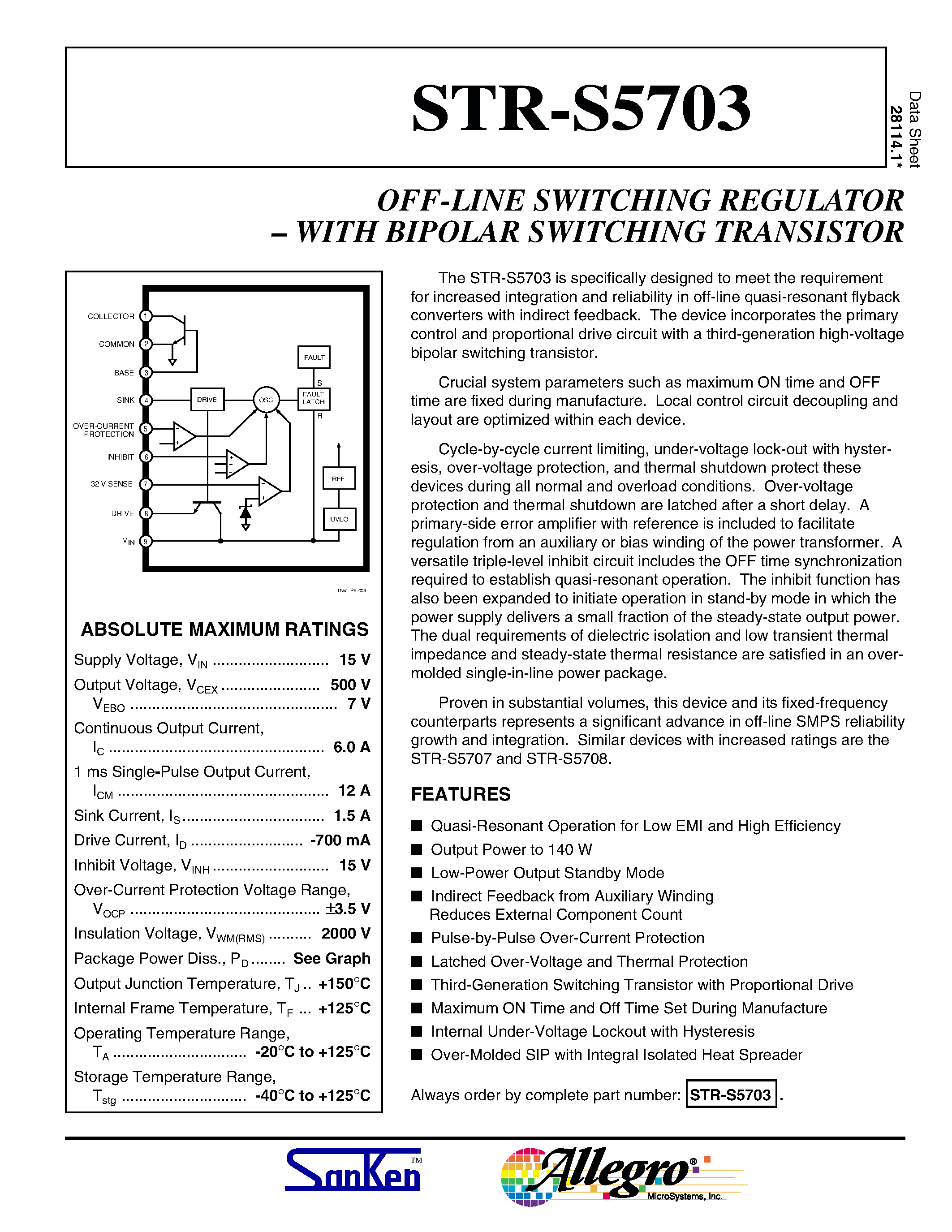 Даташит на микросхему STR-S5703 страница 1 Даташит STR-S5703 - OFF-LINE SWITCHING REGULATOR WITH BIPOLAR SWITCHING TRANSISTOR страница 1