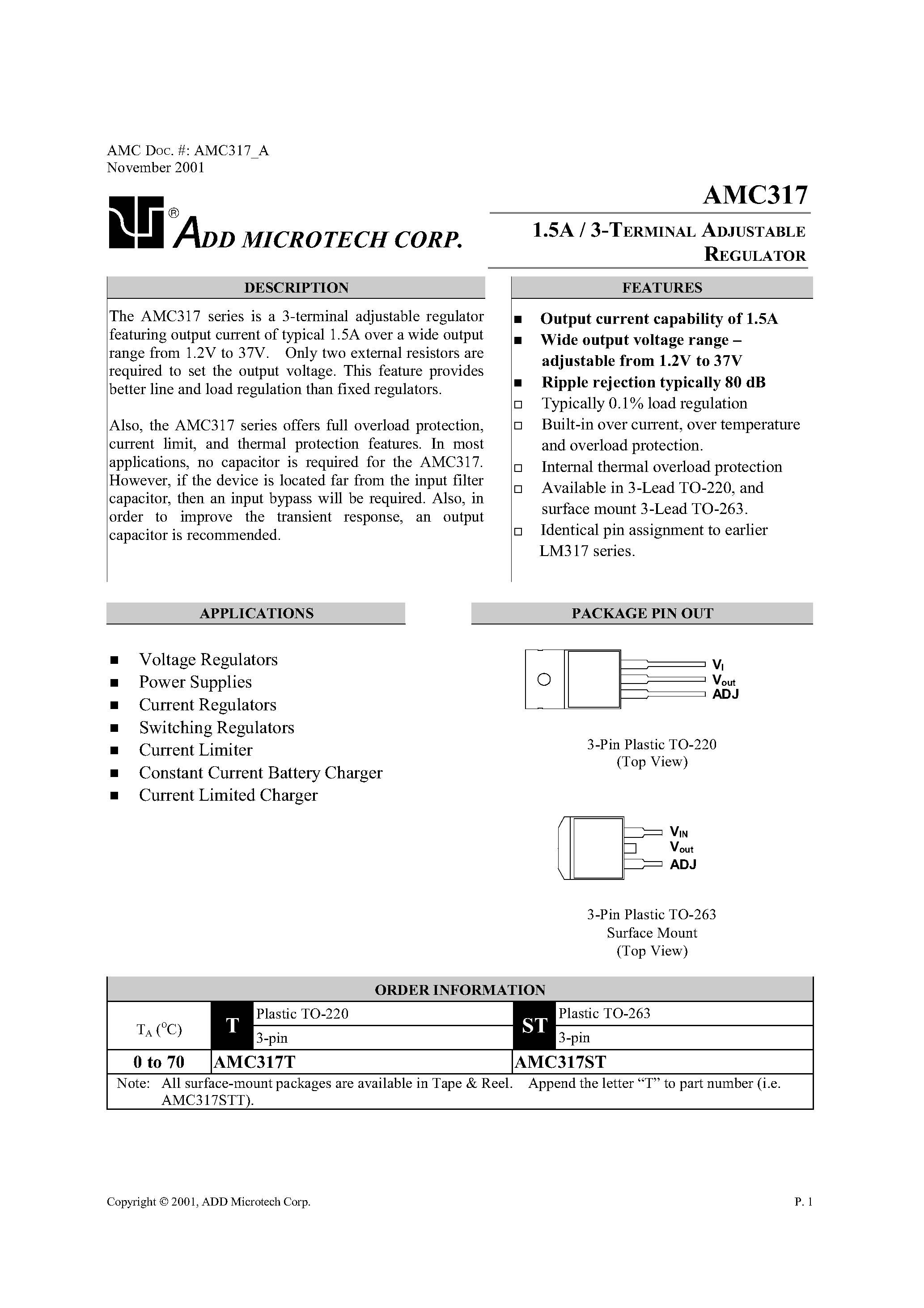 Datasheet AMC317 page 1 Datasheet AMC317 - 1.5A / 3- TERMINAL ADJUSTABLE REGULATOR page 1