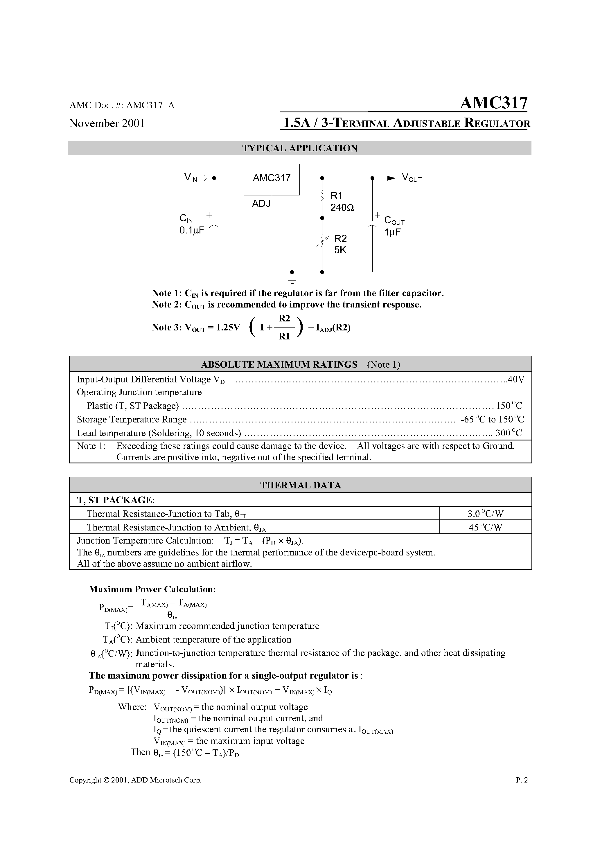 Datasheet AMC317 page 2 Datasheet AMC317 - 1.5A / 3- TERMINAL ADJUSTABLE REGULATOR page 2