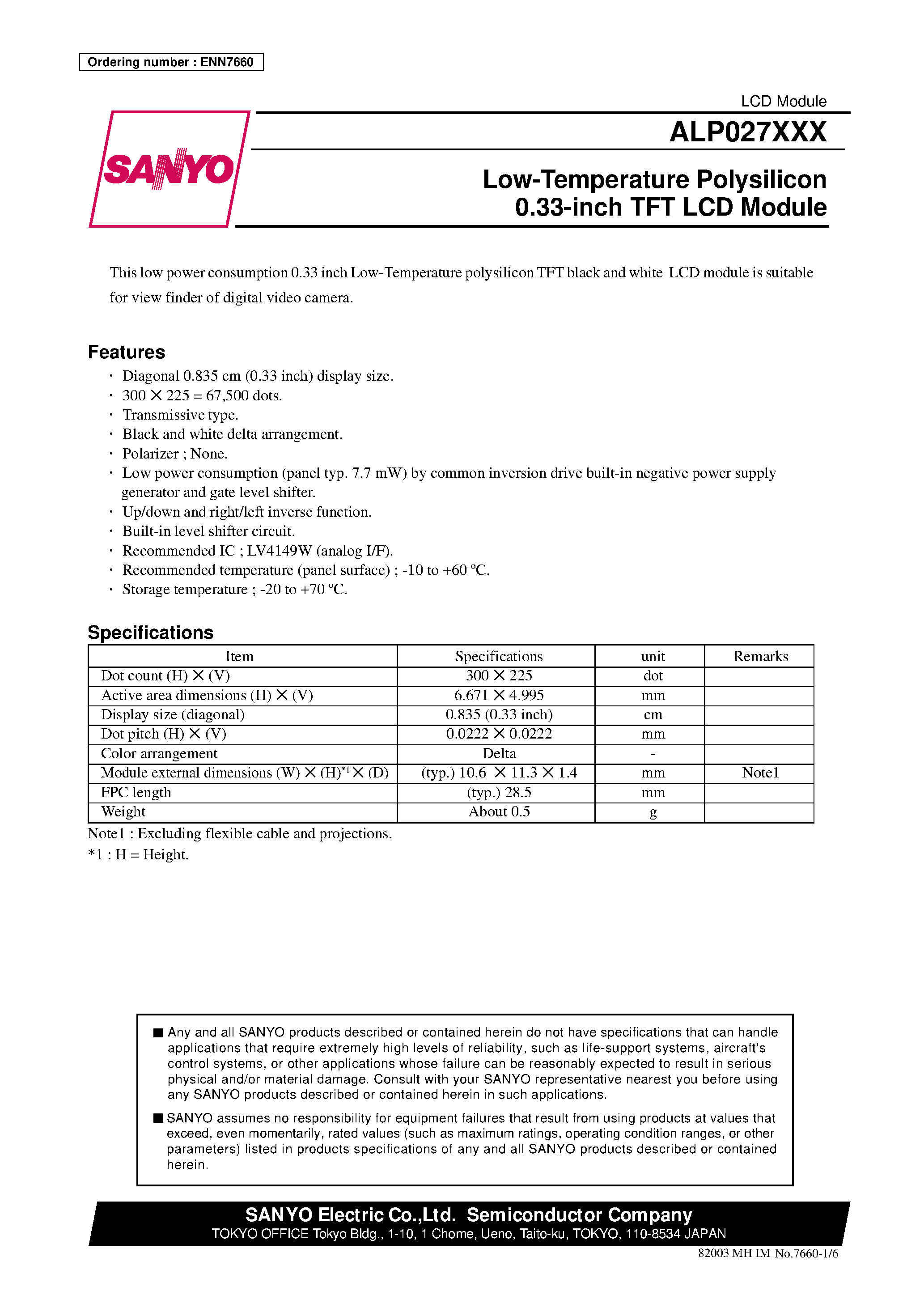 Datasheet ALP027XXX - Low Temperature Polysilicon 0.33 Inch TFT LCD Module page 1