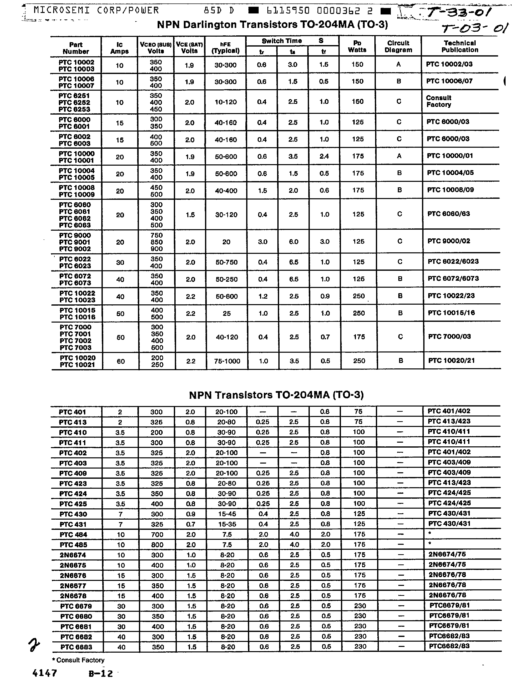 Datasheet PTC800x - NPN Darlington Transistors TO-204MA page 1