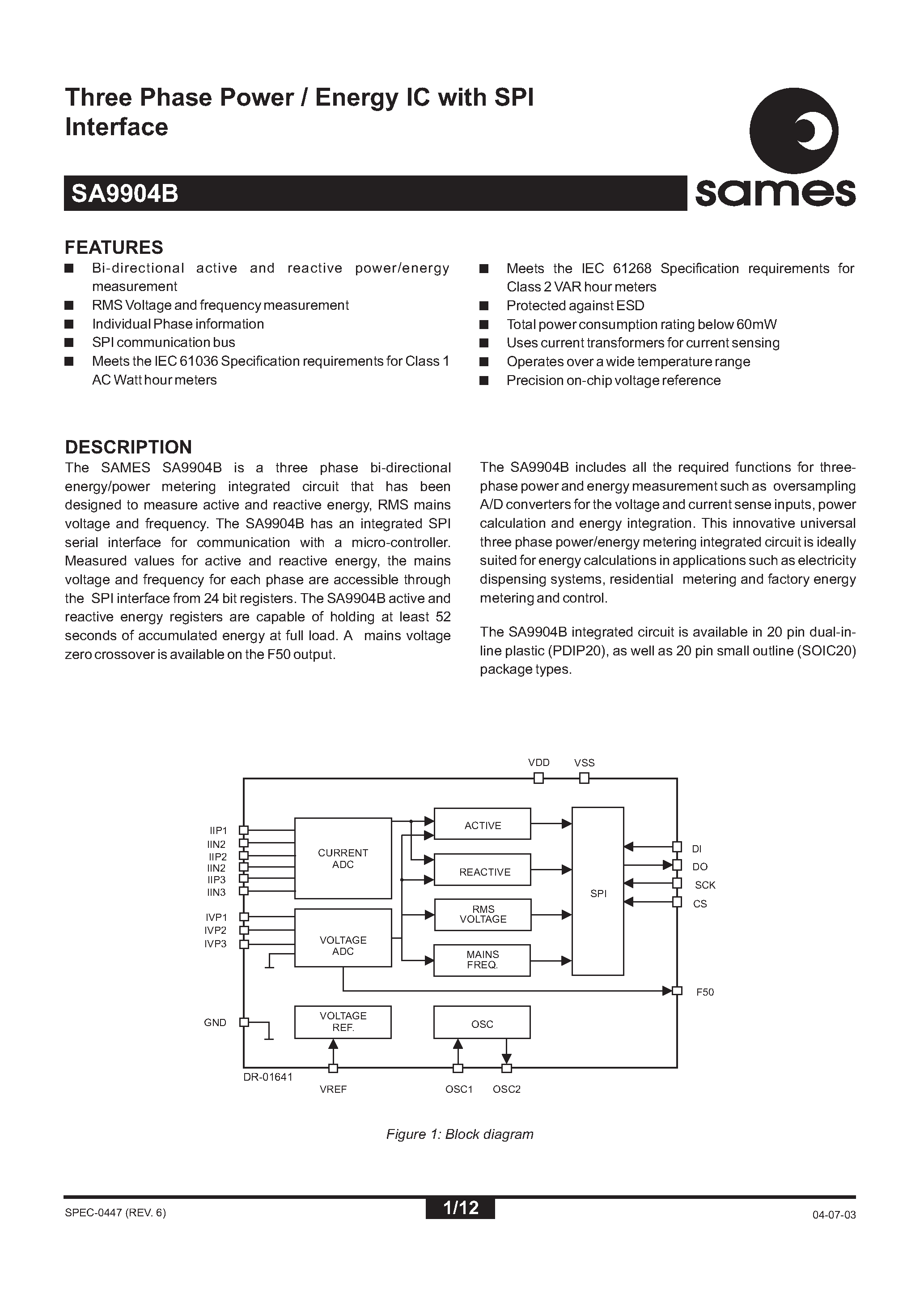 Datasheet SA9904B - Three Phase Power / Energy IC with SPI Interface page 1