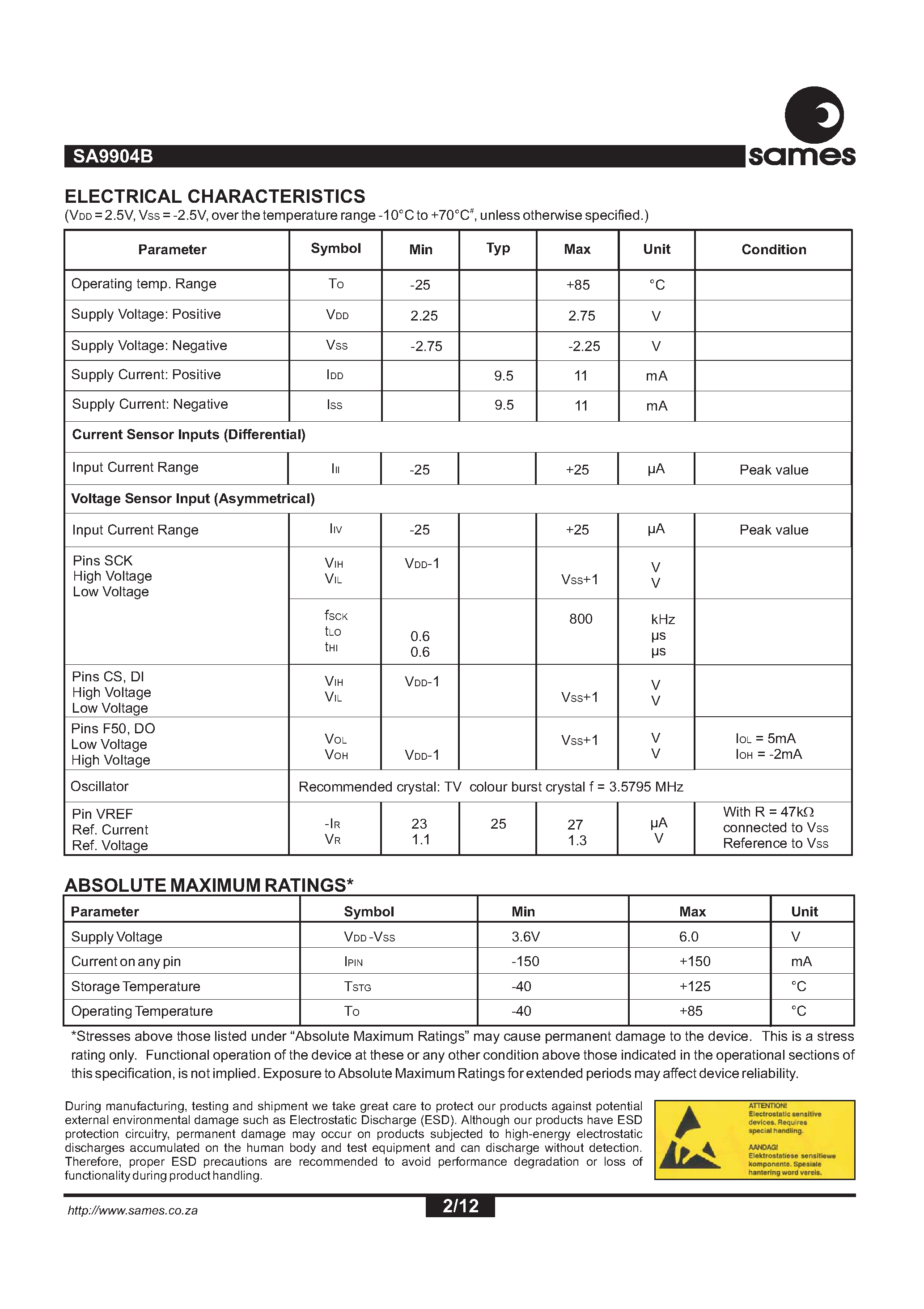 Datasheet SA9904B - Three Phase Power / Energy IC with SPI Interface page 2