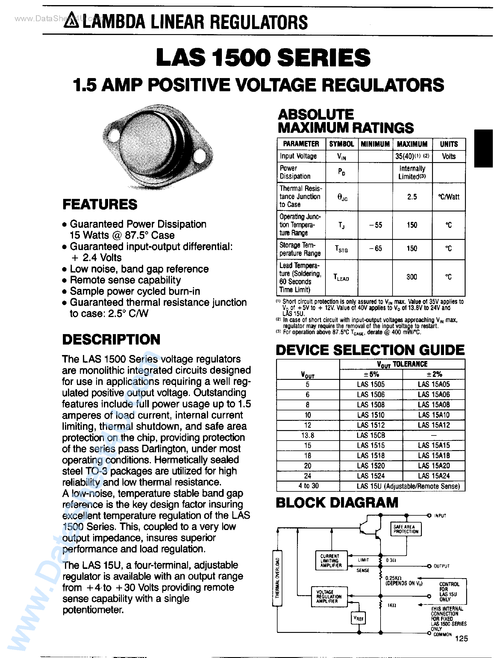 Datasheet LAS15xx - 1.5 Amp Positive Voltage Regulators page 1