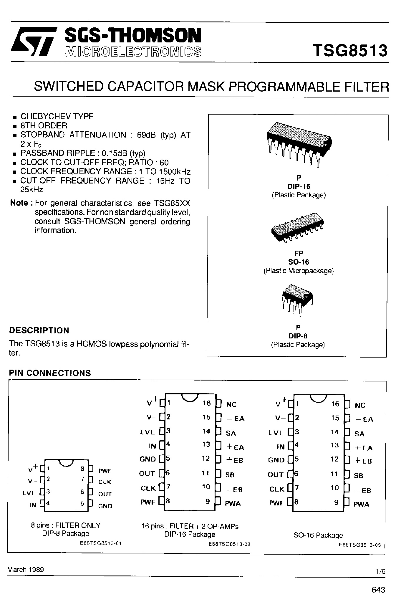 Datasheet TSG85131 page 1 Datasheet TSG85131 - Switched Capacitor Mask Programmable Filter page 1